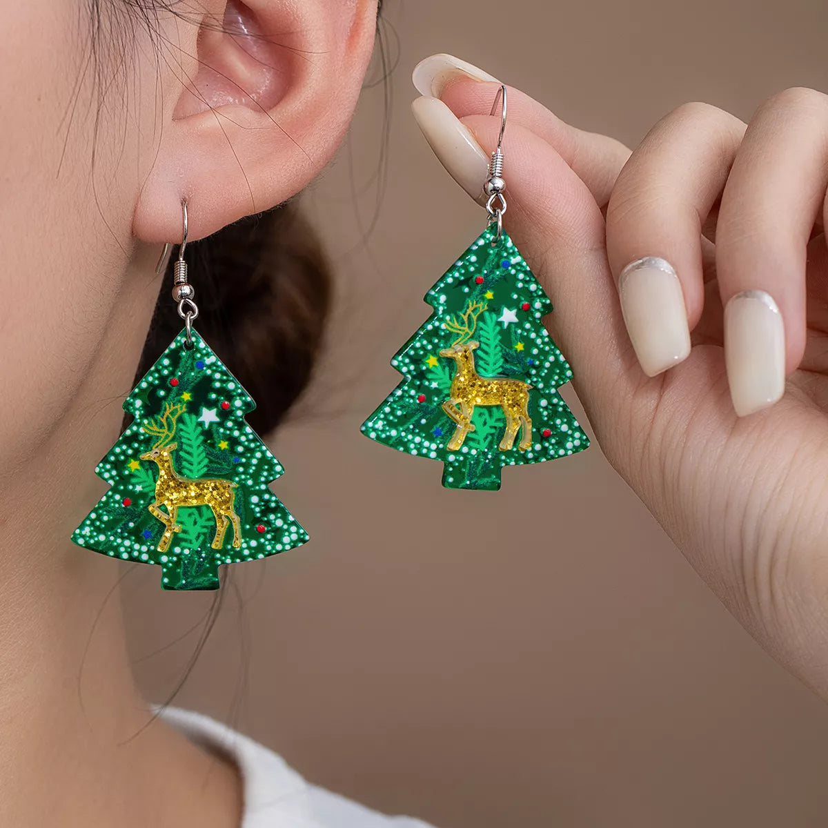 Trendsi Matcha Green / One Size Christmas Tree Glitter Dangle Earrings
