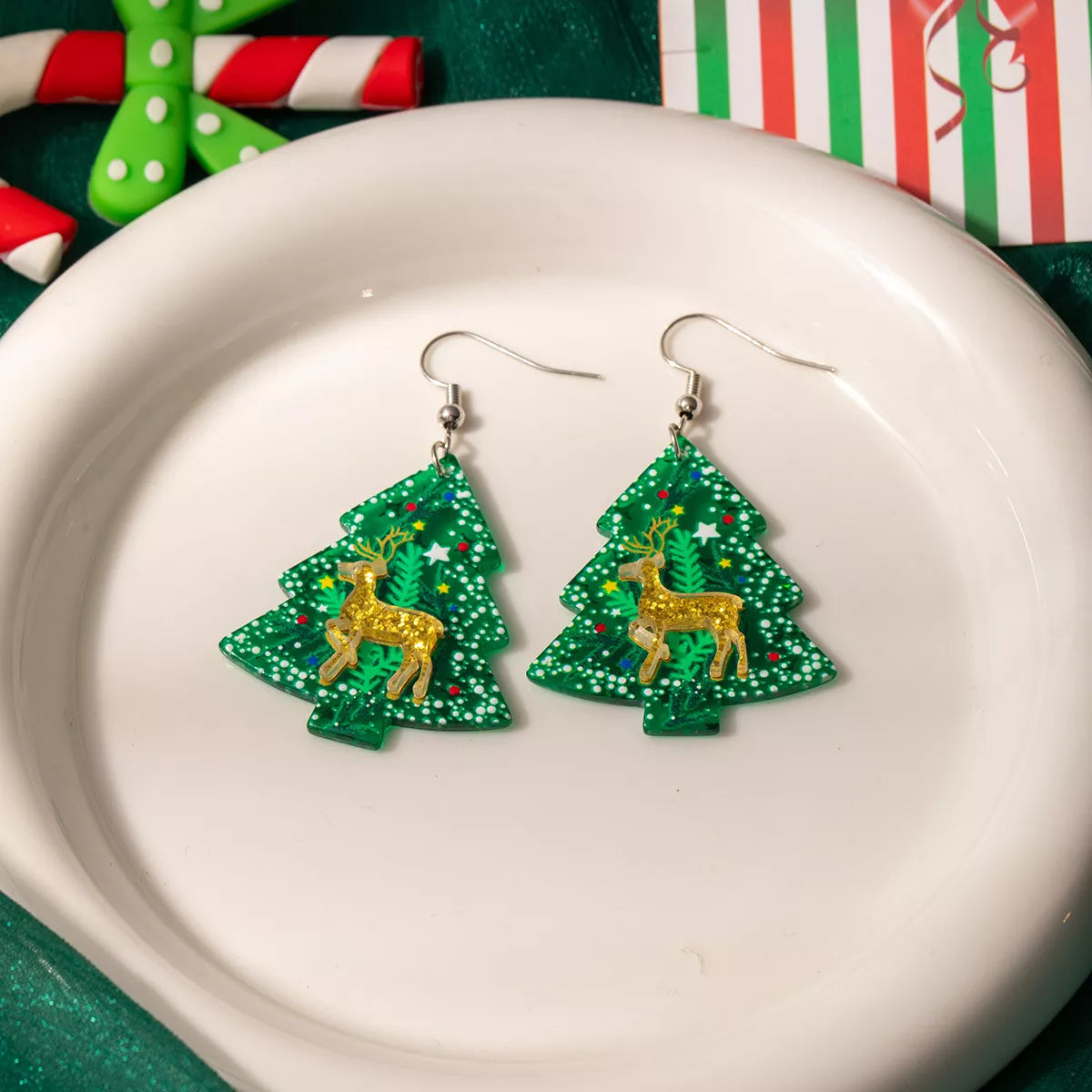 Trendsi Matcha Green / One Size Christmas Tree Glitter Dangle Earrings
