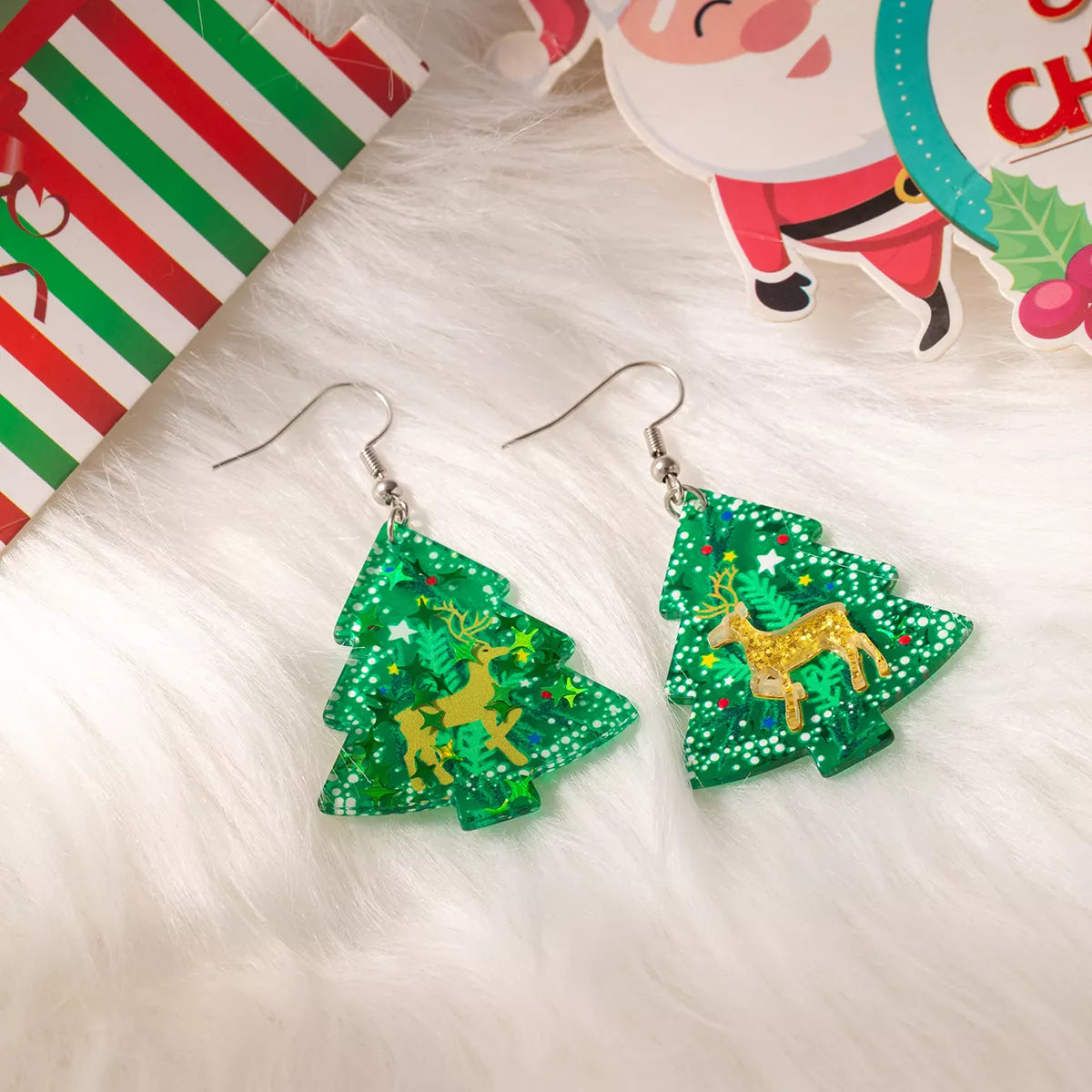 Trendsi Matcha Green / One Size Christmas Tree Glitter Dangle Earrings