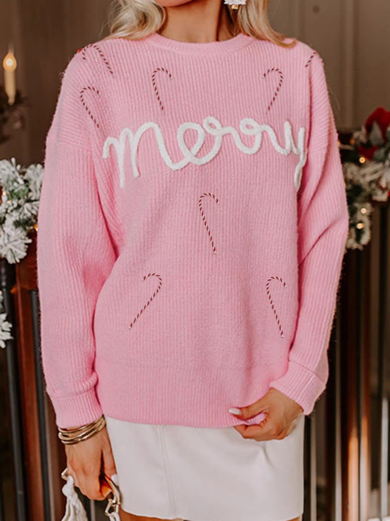 Trendsi Merry Candy Cane Christmas Crew Neck Sweater