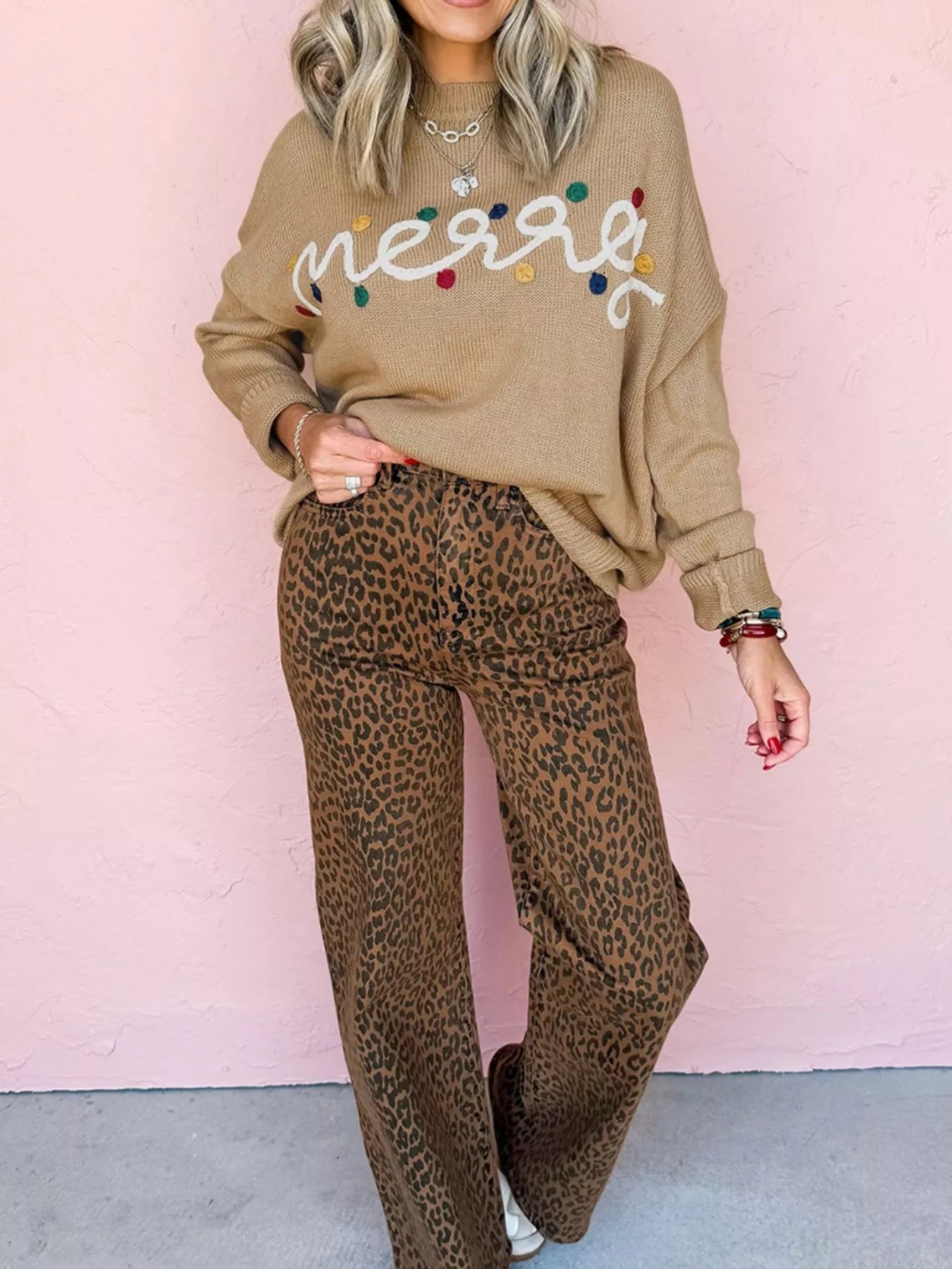 Trendsi Merry Colorful Dot Detail Christmas Dolman Sweater