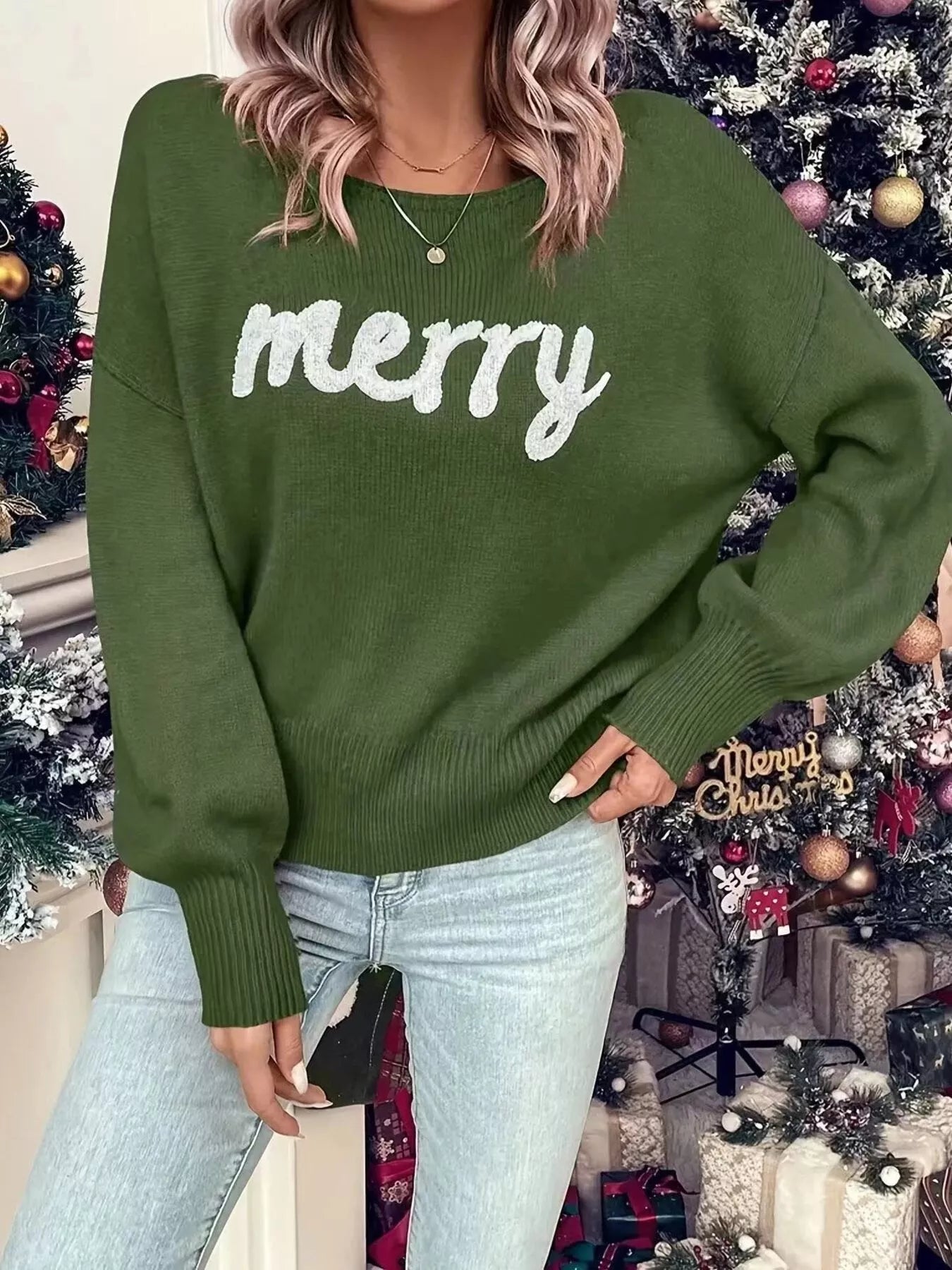 Trendsi Merry Round Neck Dropped Shoulder Christmas Sweater