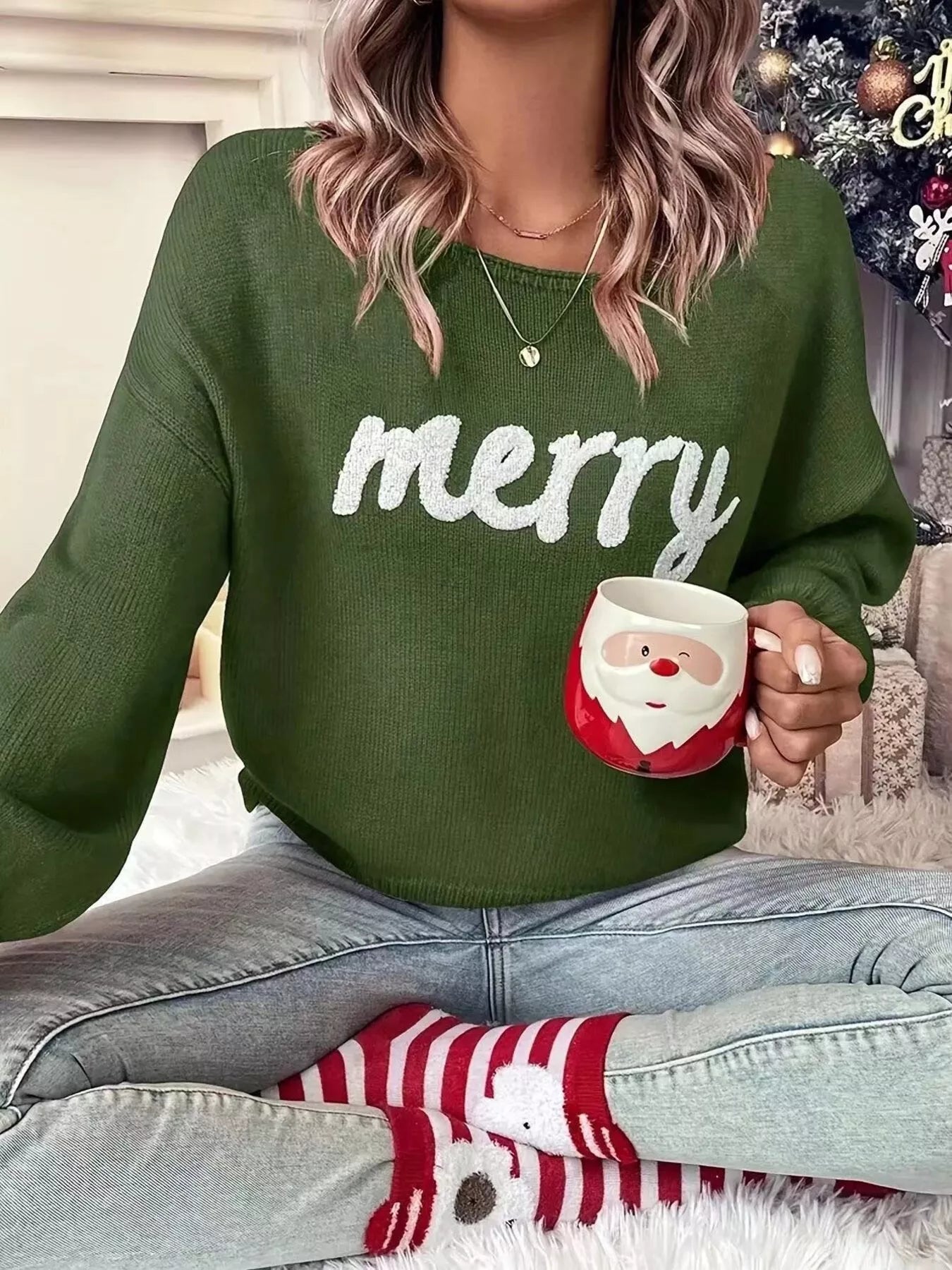 Trendsi Merry Round Neck Dropped Shoulder Christmas Sweater