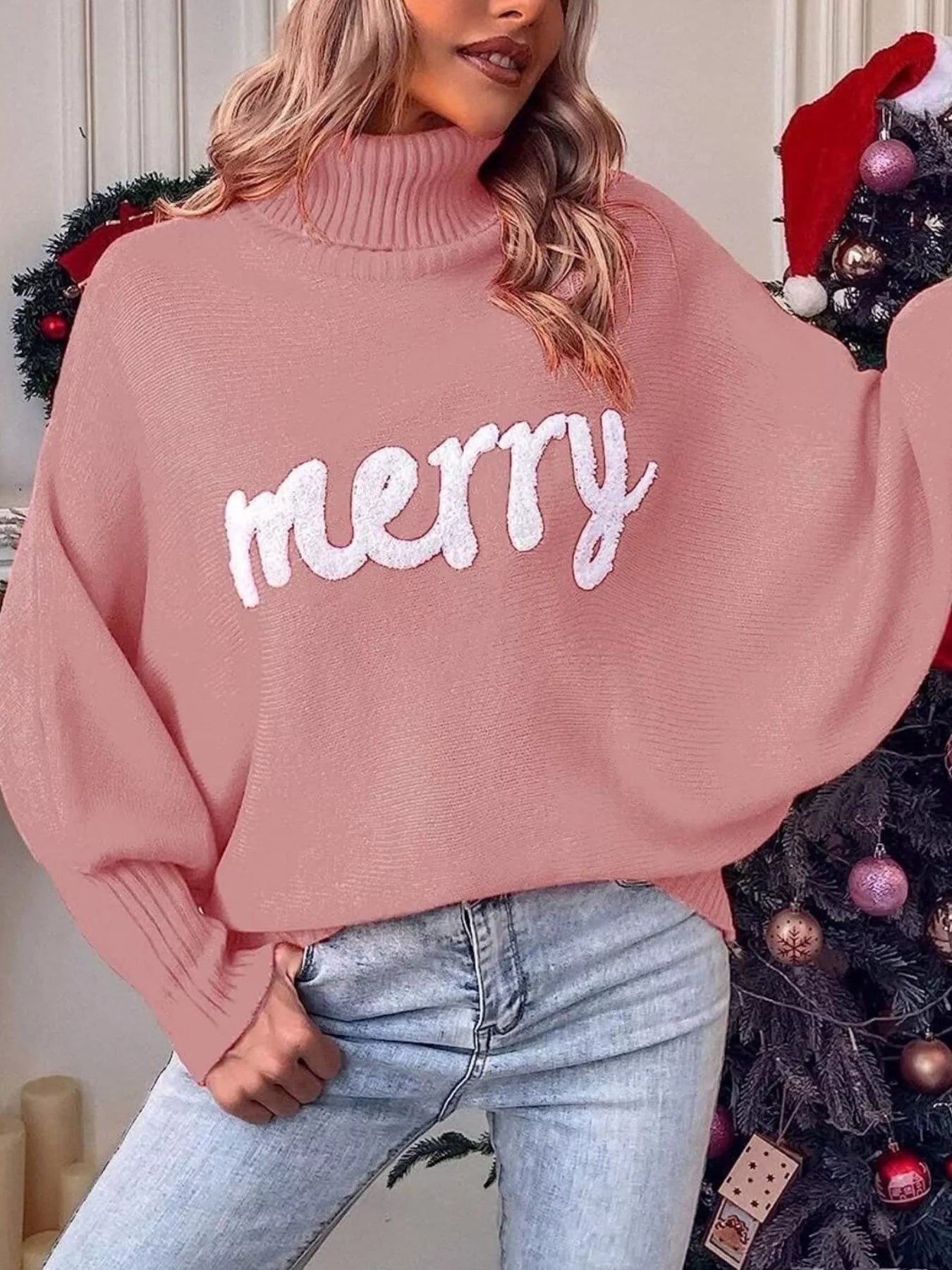 Trendsi Merry Turtleneck Long Sleeve Christmas Sweater