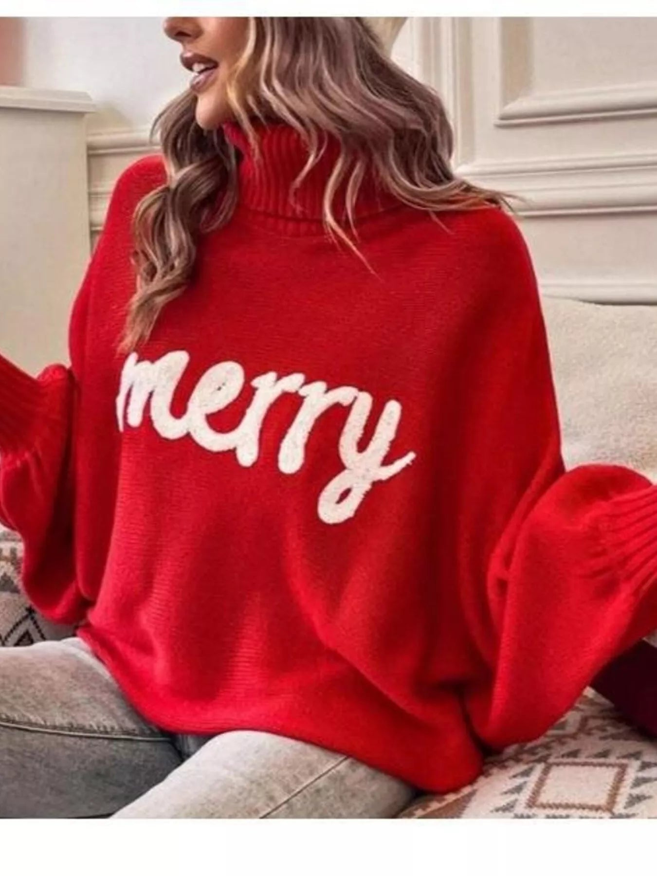 Trendsi Merry Turtleneck Long Sleeve Christmas Sweater