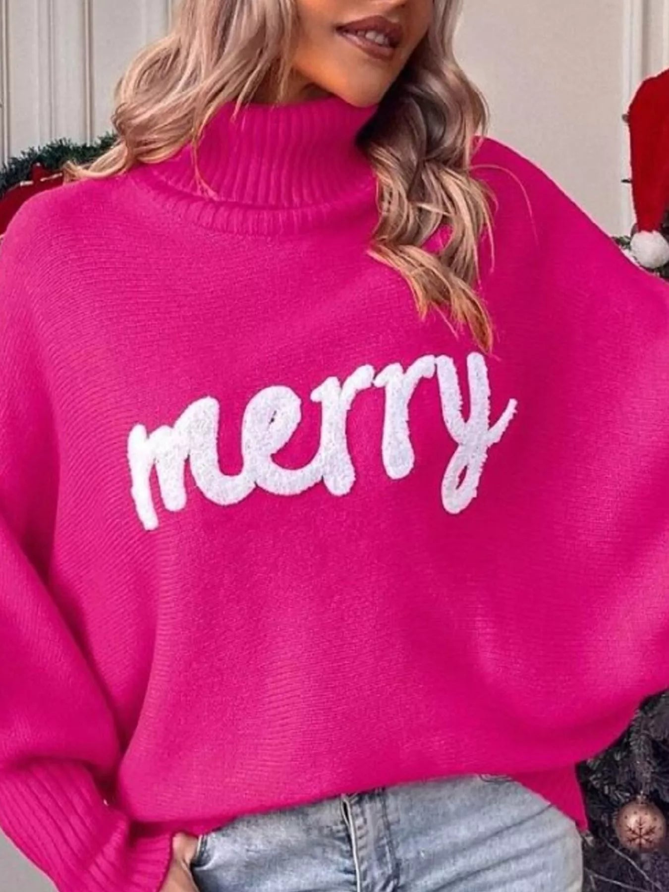 Trendsi Merry Turtleneck Long Sleeve Christmas Sweater