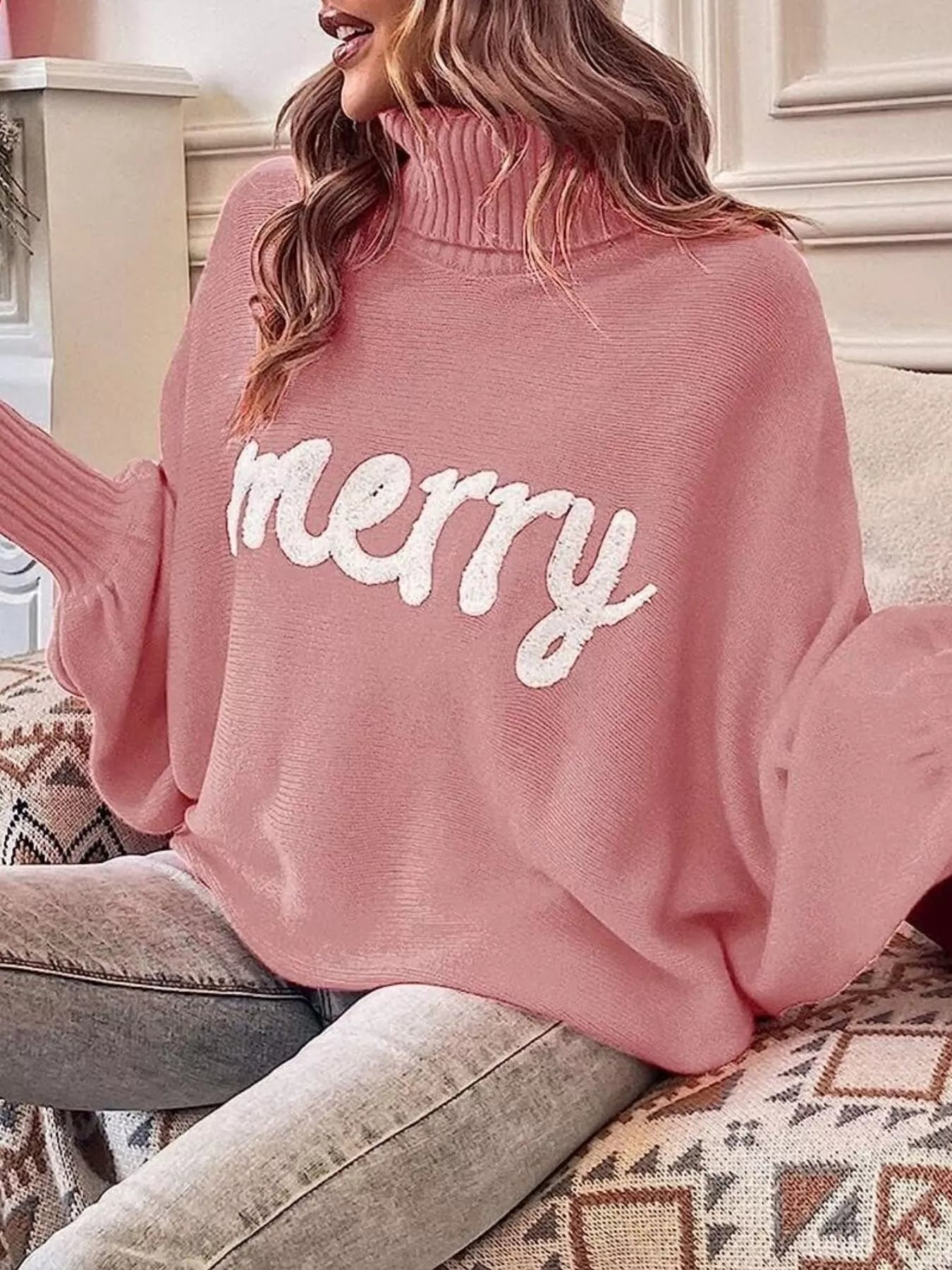 Trendsi Merry Turtleneck Long Sleeve Christmas Sweater