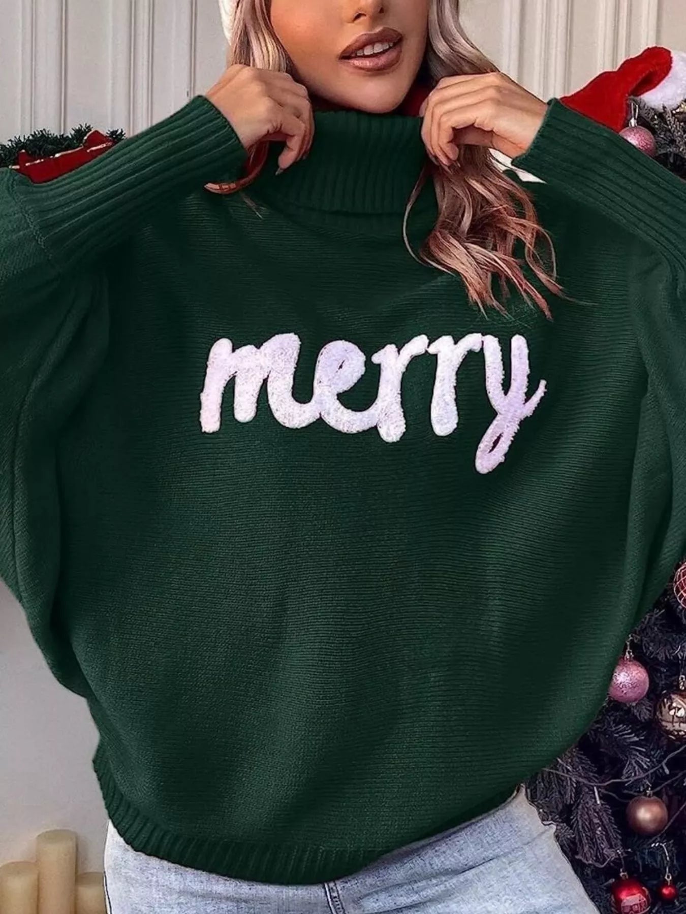 Trendsi Merry Turtleneck Long Sleeve Christmas Sweater