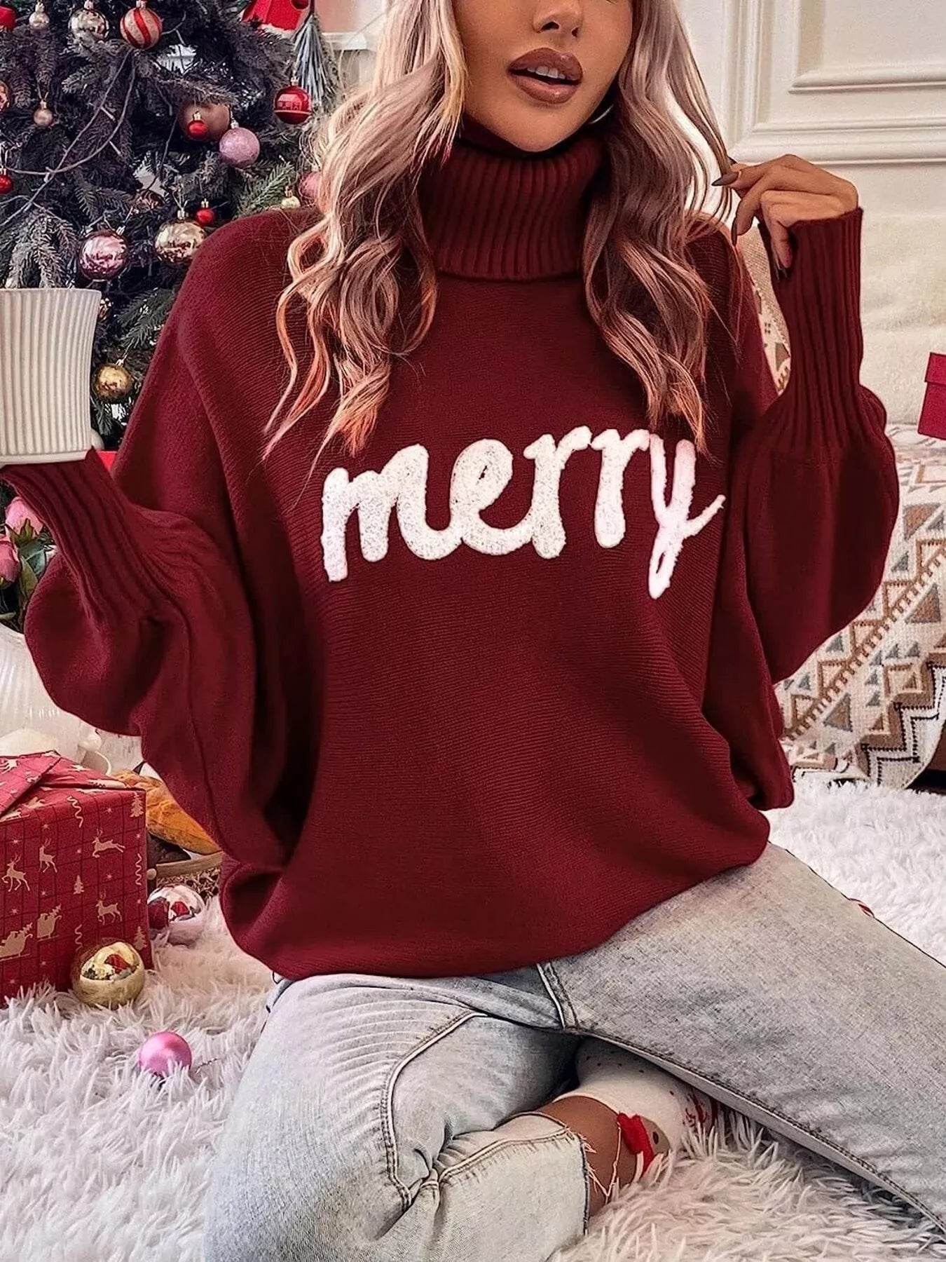 Trendsi Merry Turtleneck Long Sleeve Christmas Sweater