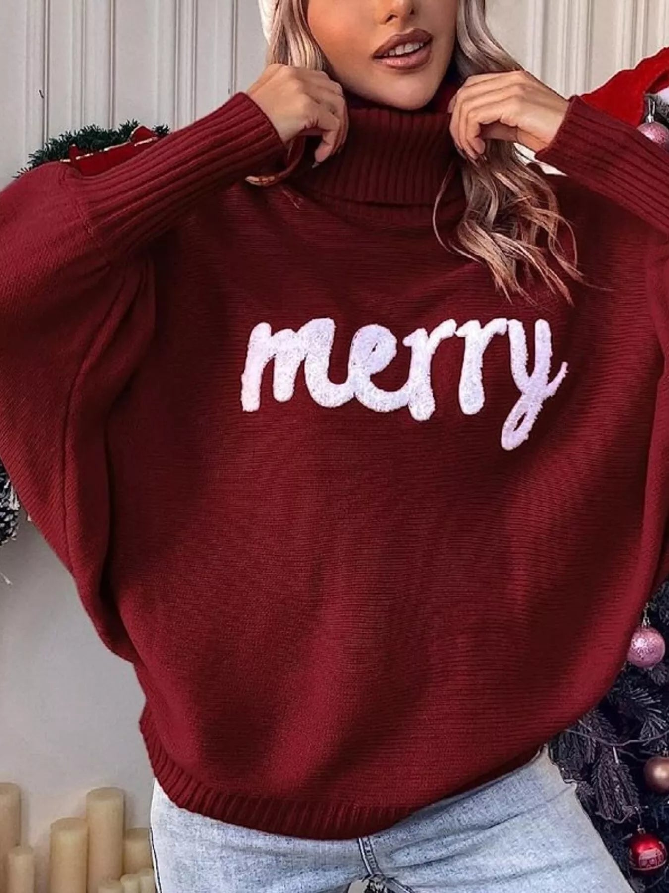 Trendsi Merry Turtleneck Long Sleeve Christmas Sweater