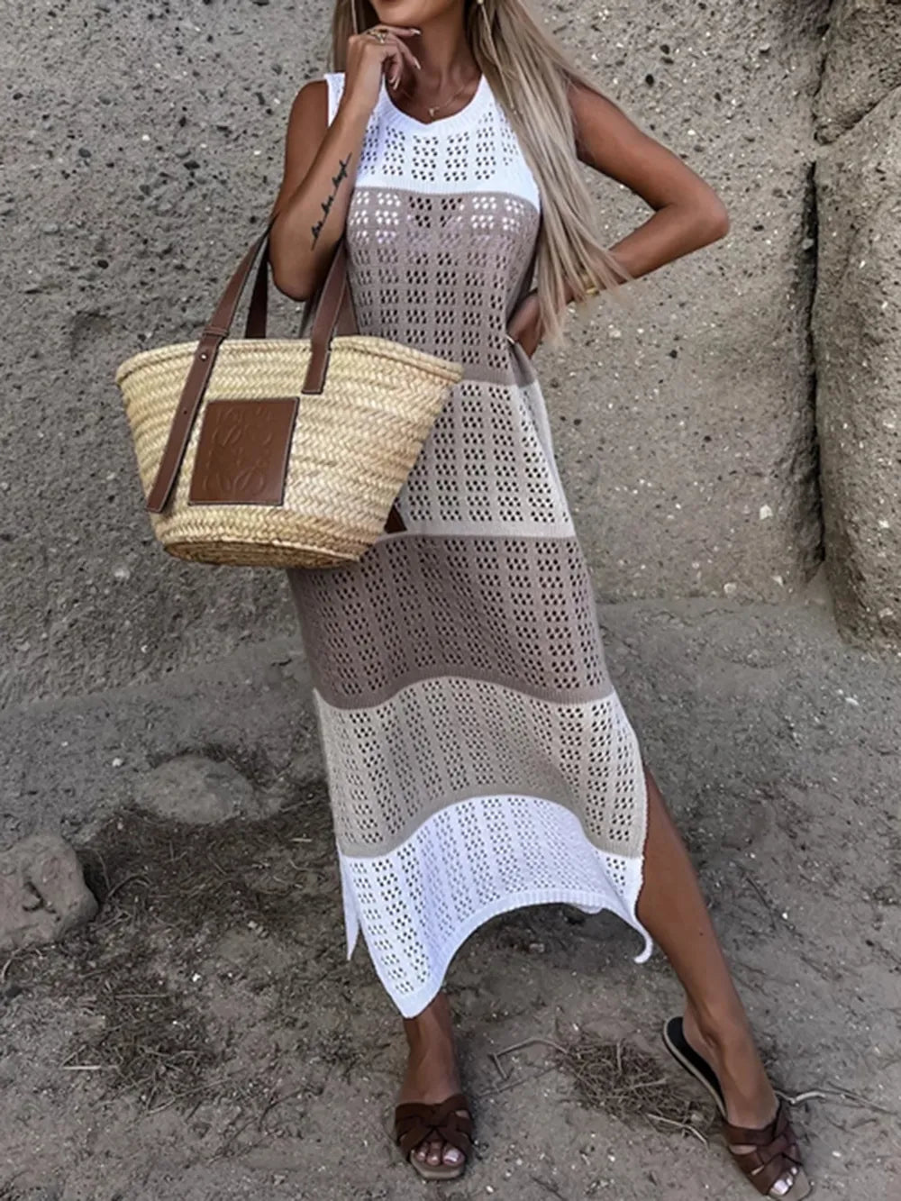 Trendsi Mocha / S Slit Color Block Wide Strap Cover Up