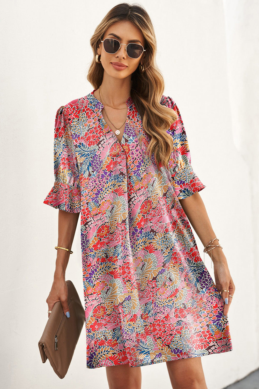 Trendsi Multicolor / S Floral Notched Neck Flounce Sleeve Shift Dress