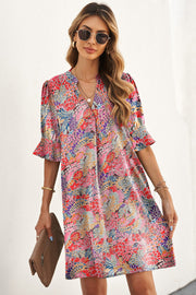 Trendsi Multicolor / S Floral Notched Neck Flounce Sleeve Shift Dress