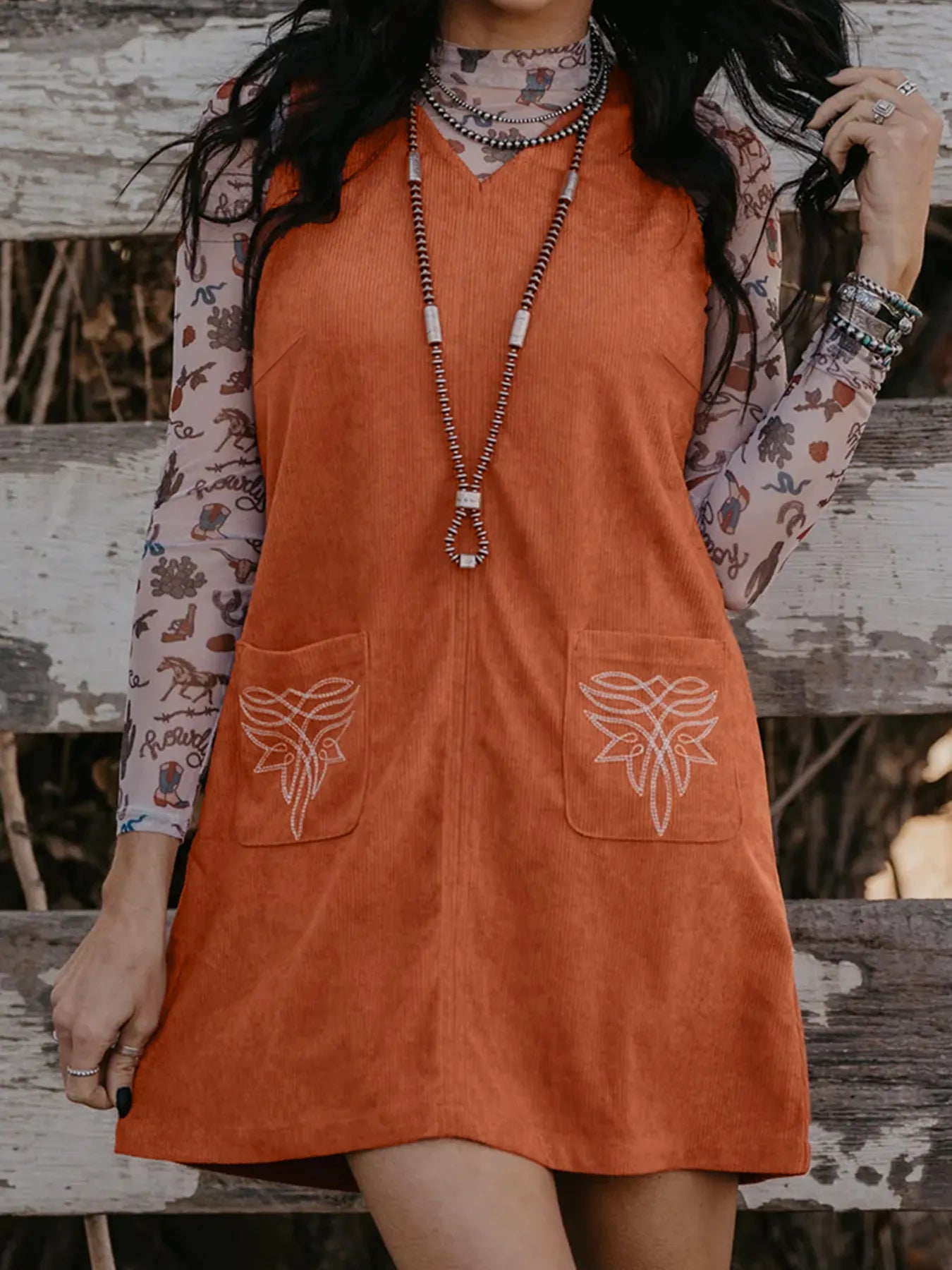 Trendsi Ochre / S Corduroy Western Embroidered Patched Pocket Shift Sleeveless Mini Dress