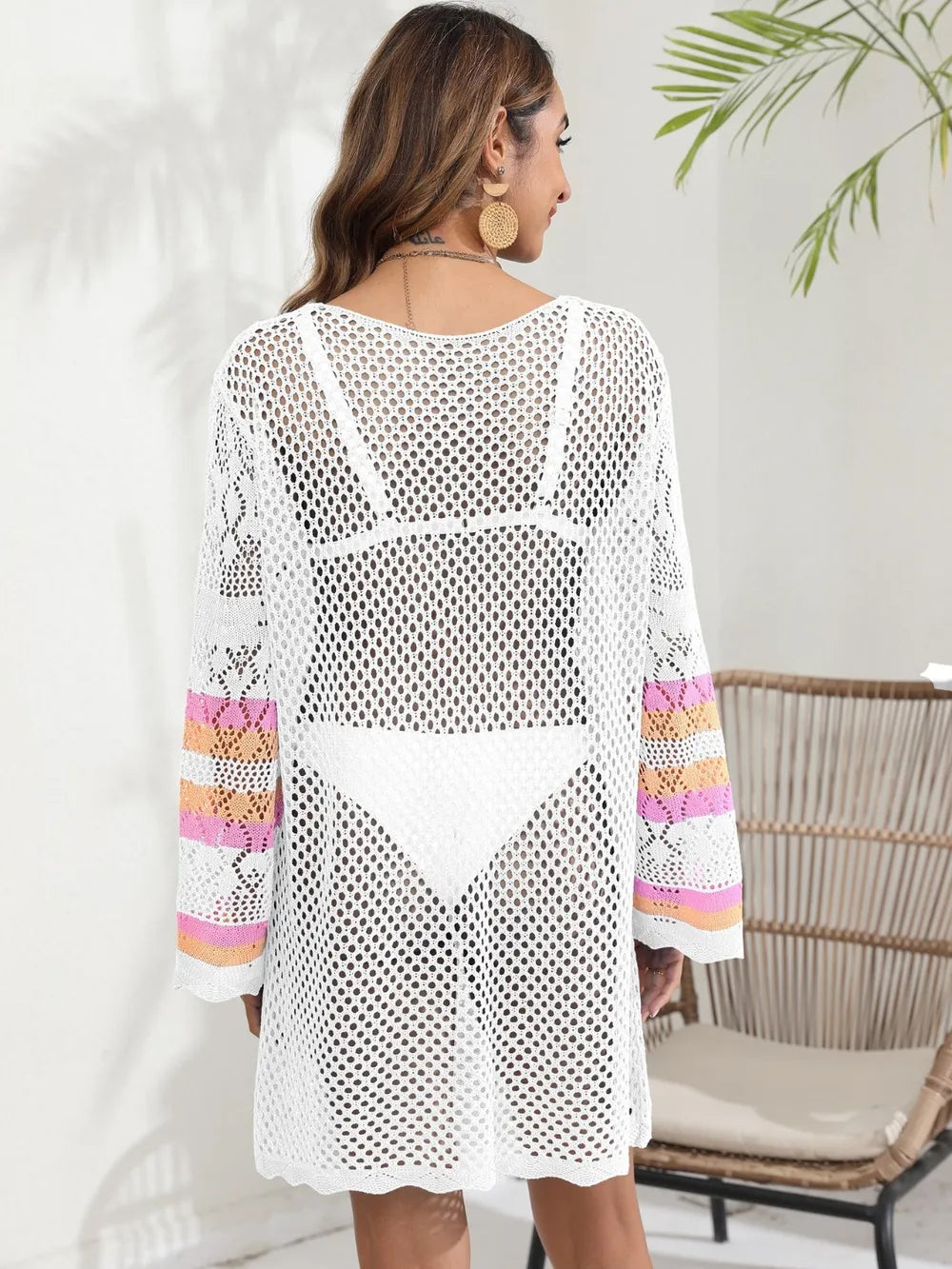 Trendsi Openwork Contrast Long Sleeve Cover-Up