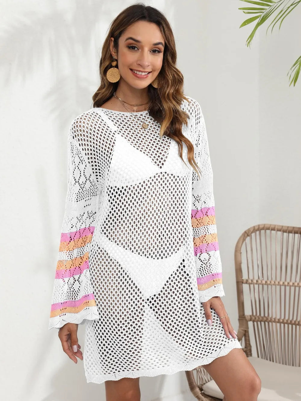 Trendsi Openwork Contrast Long Sleeve Cover-Up