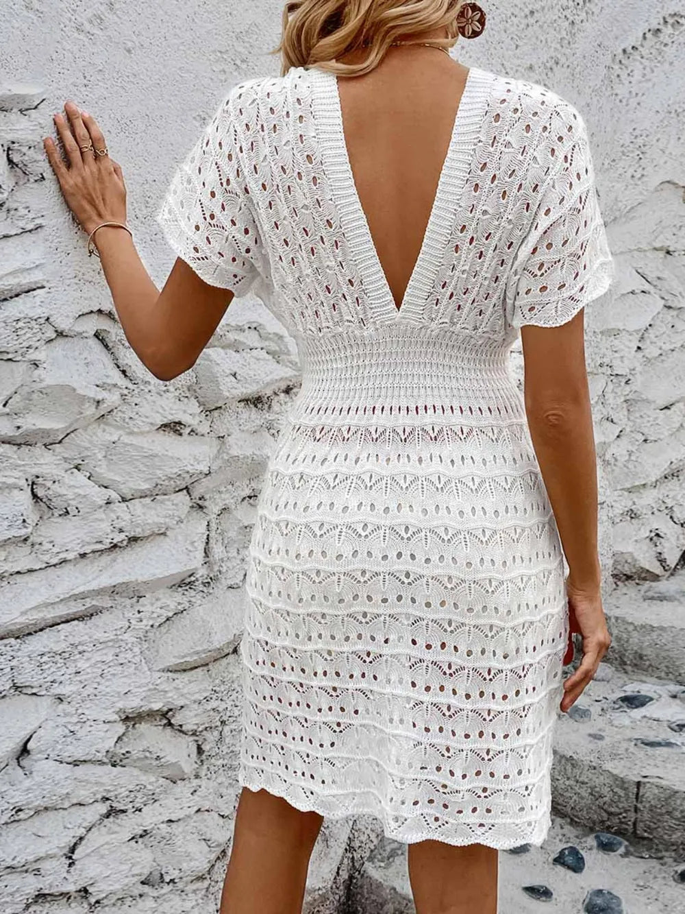 Trendsi Openwork Plunge Short Sleeve Cover-Up Dress