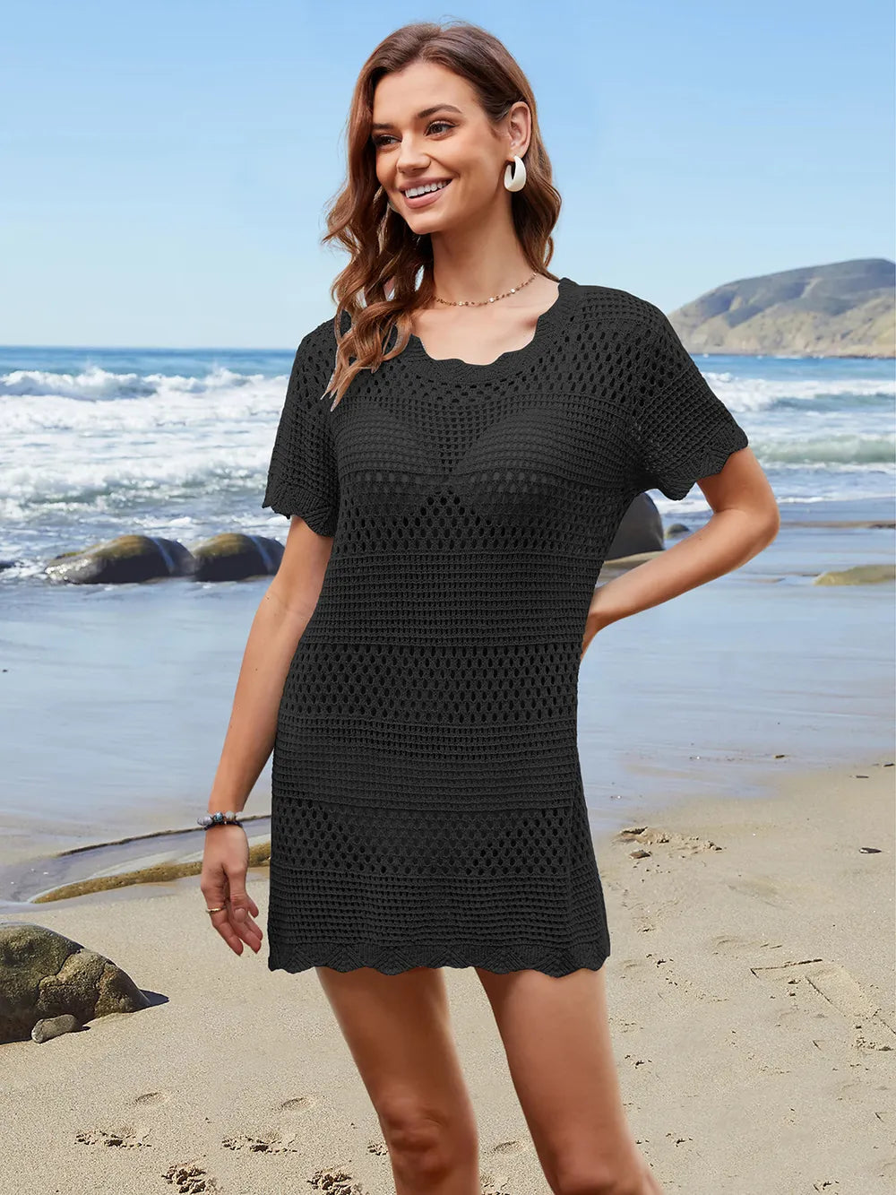 Trendsi Openwork Round Neck Short Sleeve Cover-UP