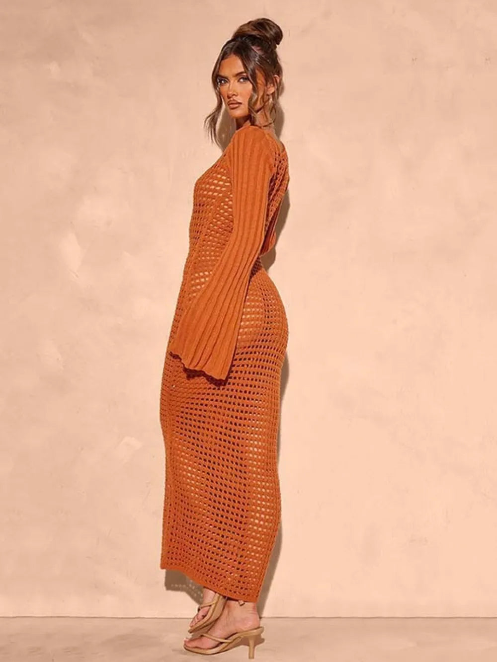 Trendsi Openwork Square Neck Flare Sleeve Cover-Up Dress