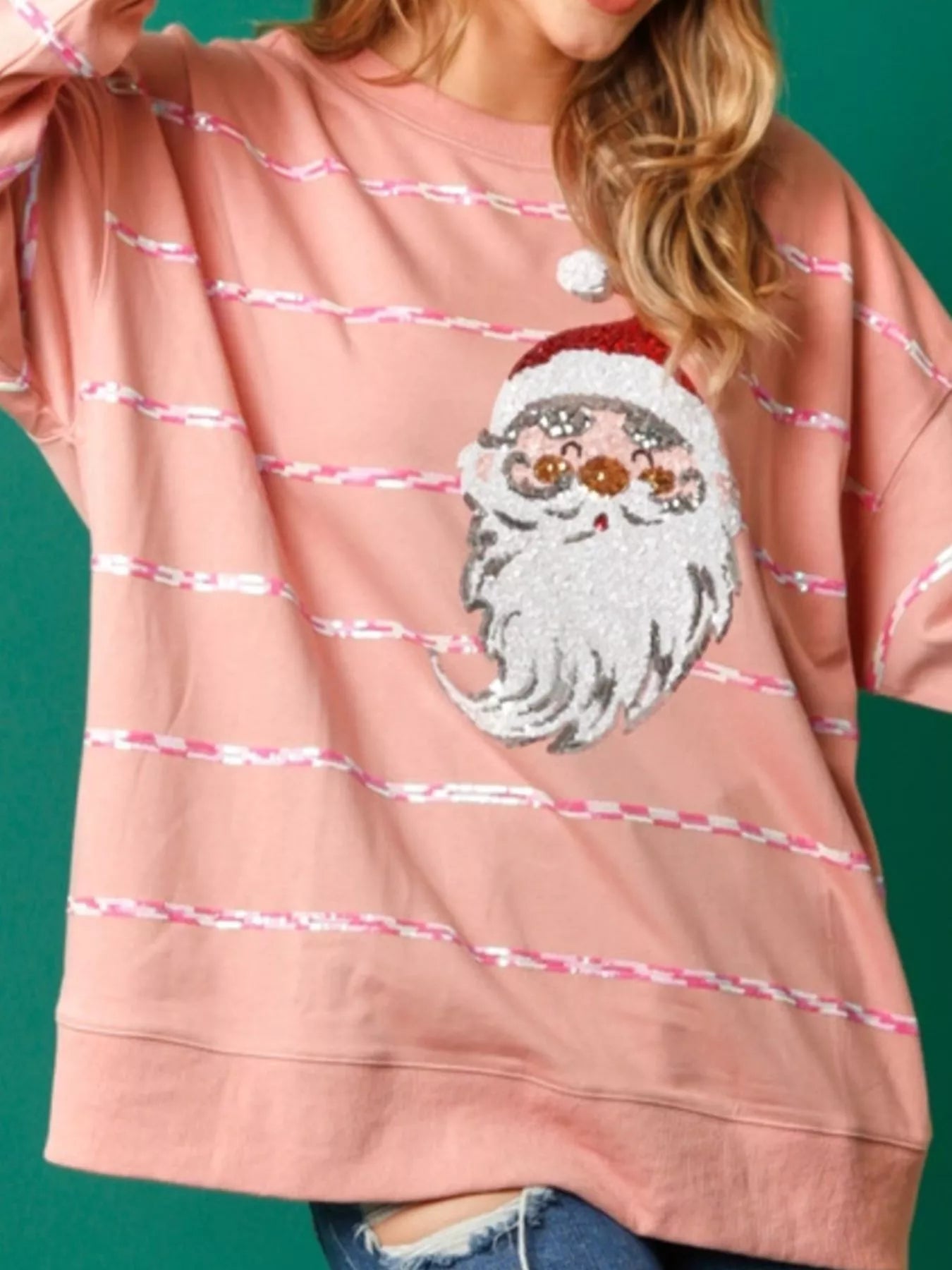 Trendsi Peach Color / S Christmas Santa Striped Long Sleeve Sweatshirt