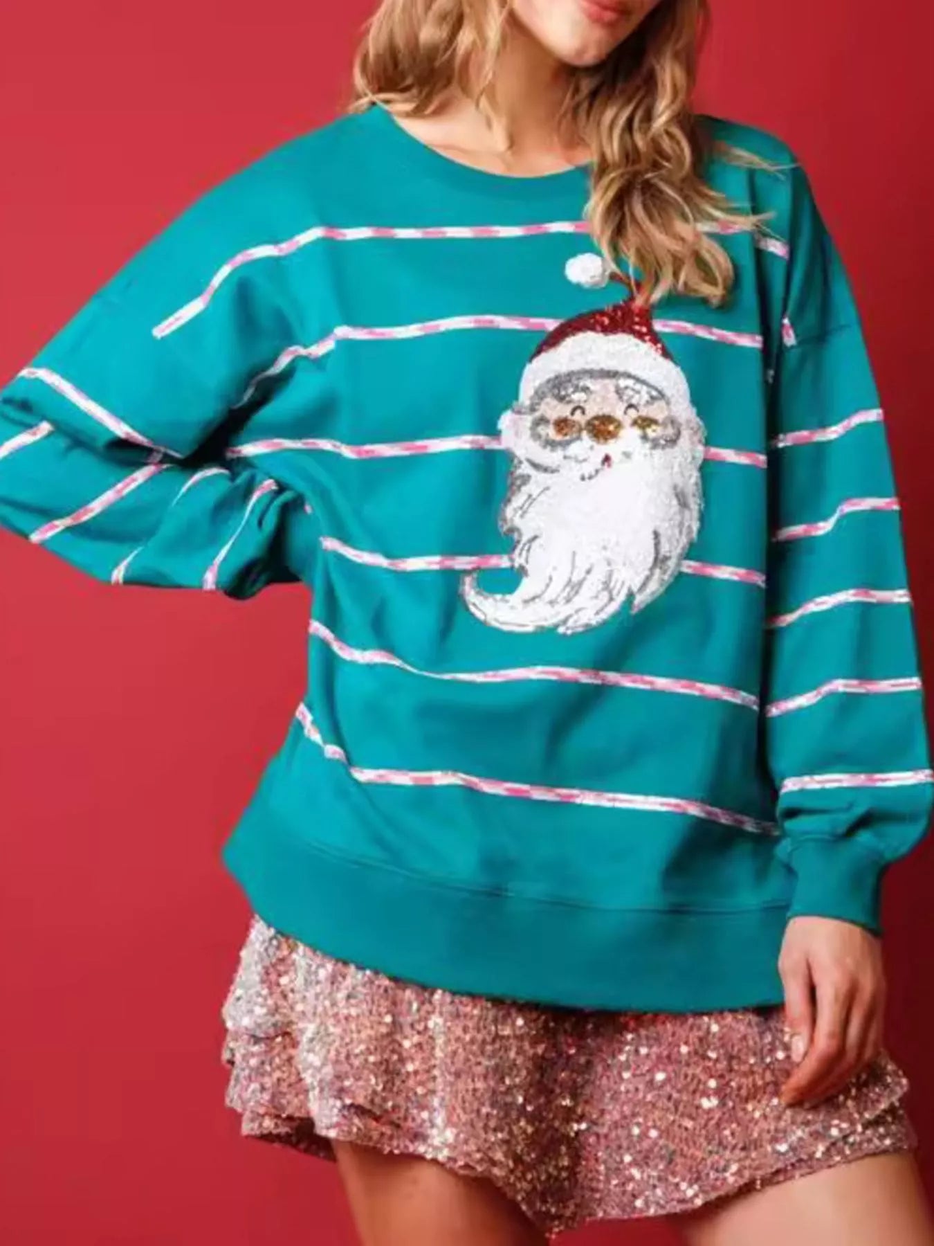 Trendsi Peacock Blue / S Christmas Santa Striped Long Sleeve Sweatshirt