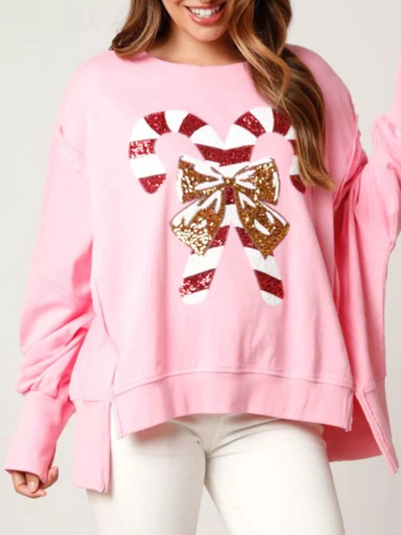 Trendsi Pink / S Christmas Candy Cane Bow Dropped Shoulder Sweatshirt