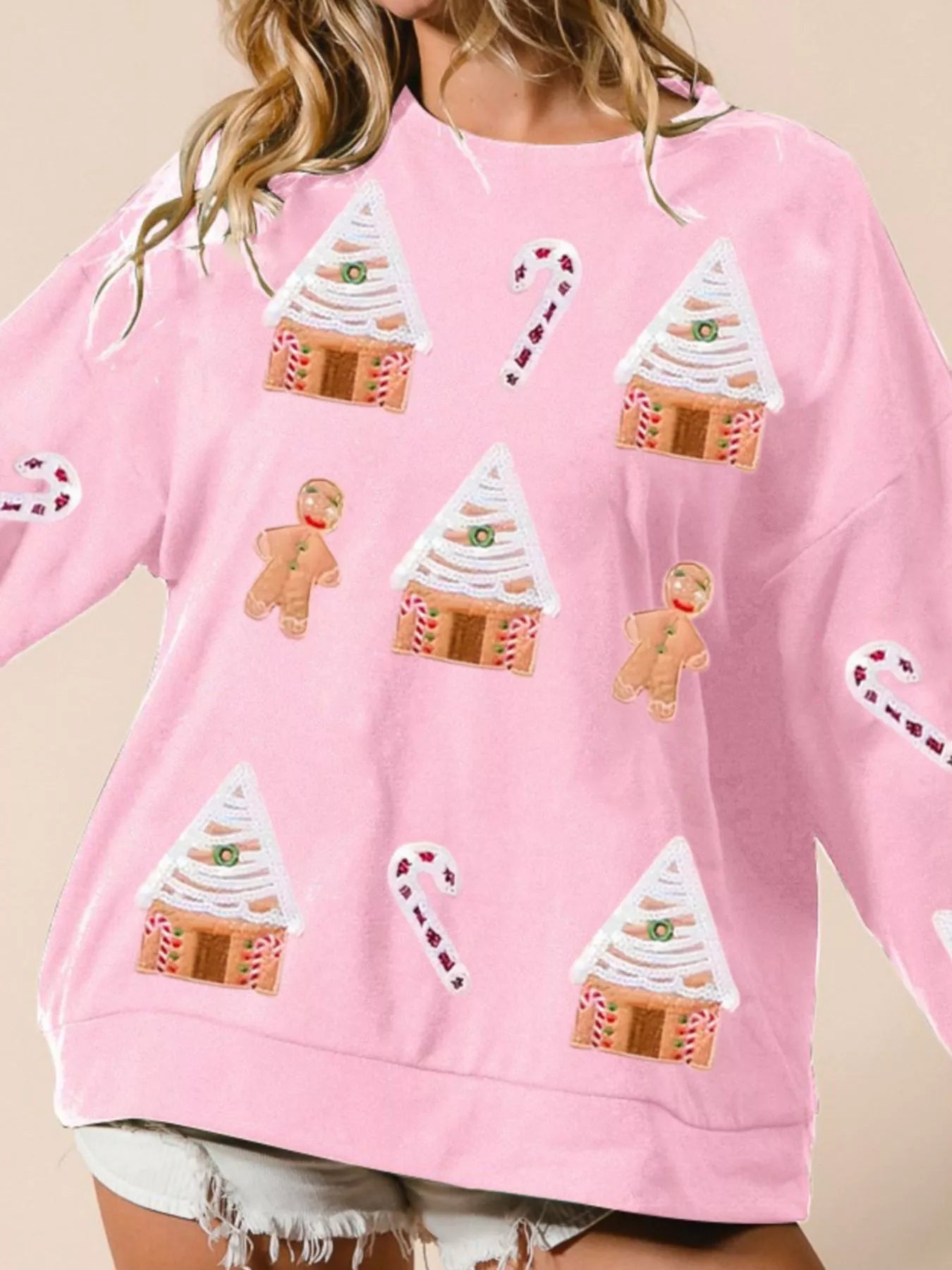 Trendsi Pink / S Christmas Gingerbread House Sequin Sweatshirt