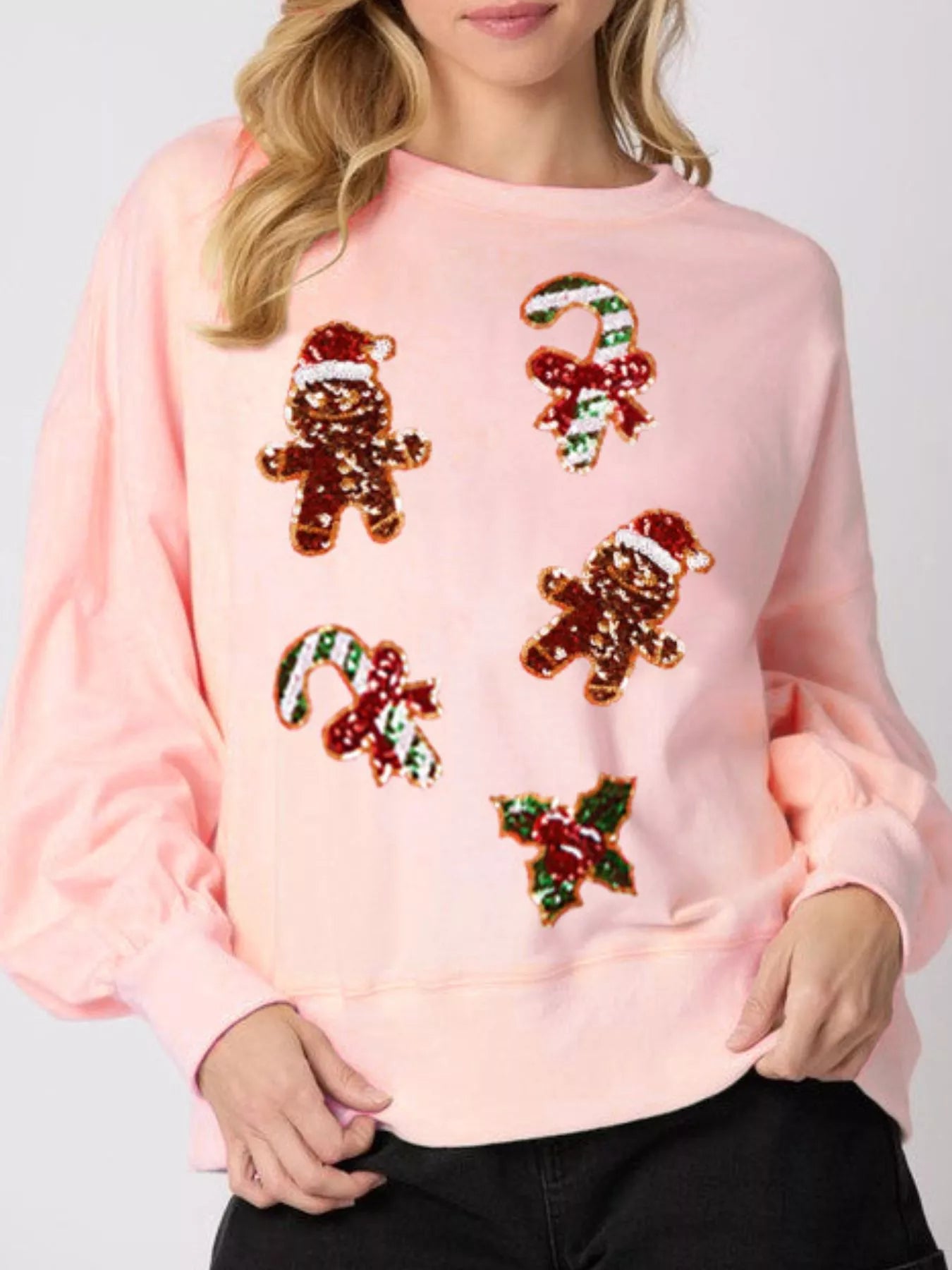 Trendsi Pink / S Christmas Holiday Sequined Gingerbread Sweatshirt