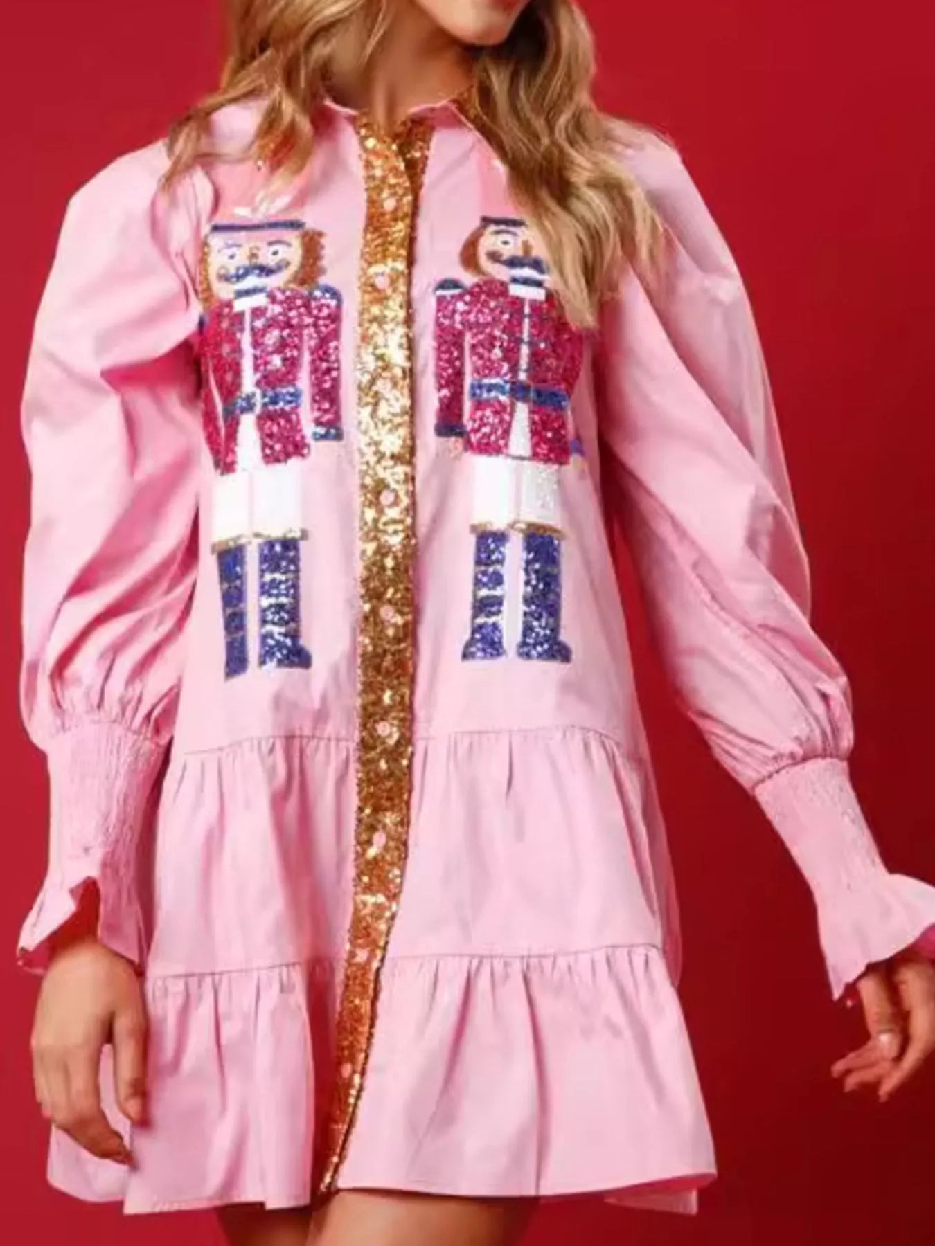 Trendsi Pink / S Full Size Christmas Sequin Nutcracker Tiered Shirt Dress Plus Size