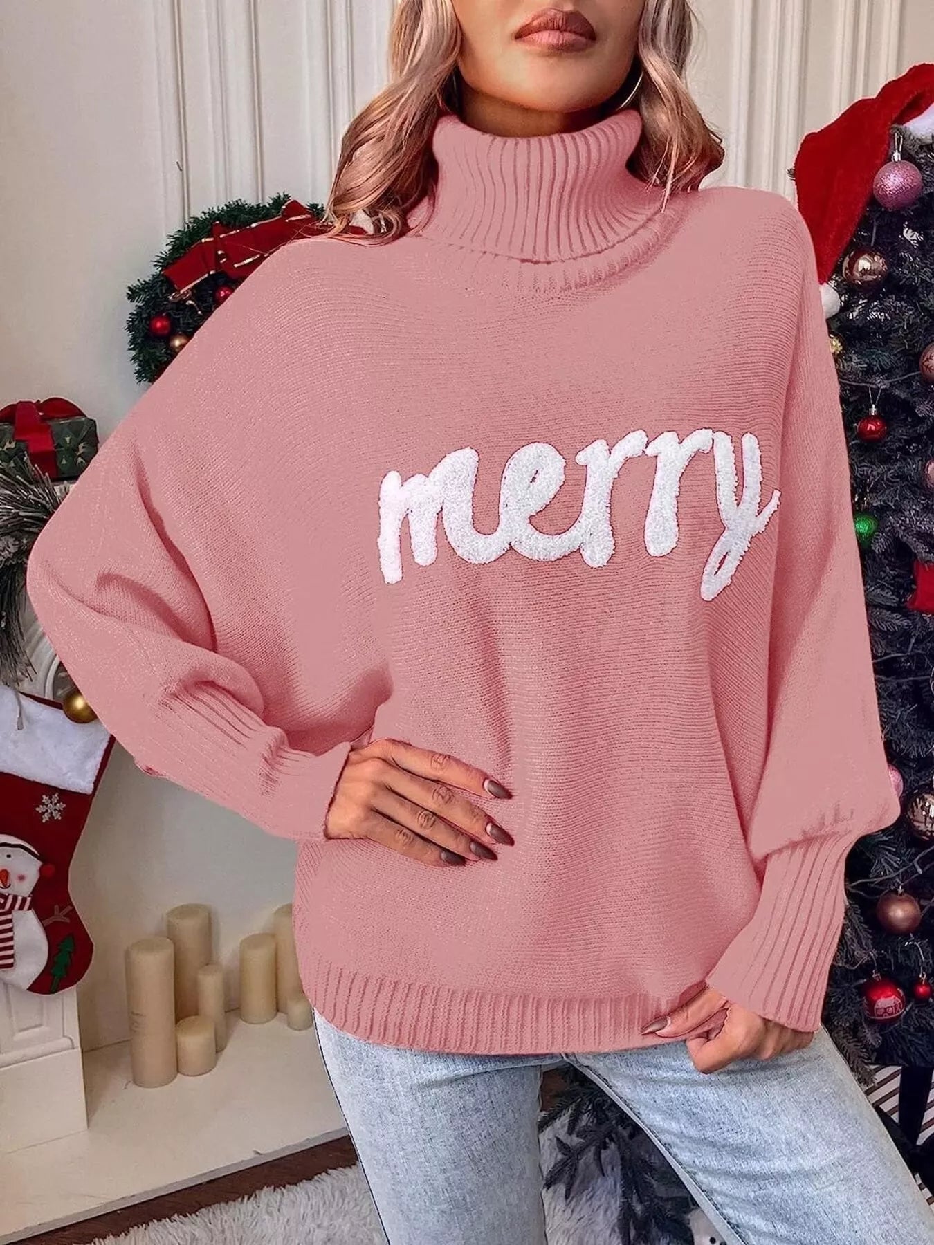 Trendsi Pink / S Merry Turtleneck Long Sleeve Christmas Sweater