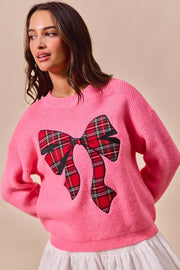 Trendsi PINK / S SO ME Checker Plaid Ribbon Christmas Holiday Sweater