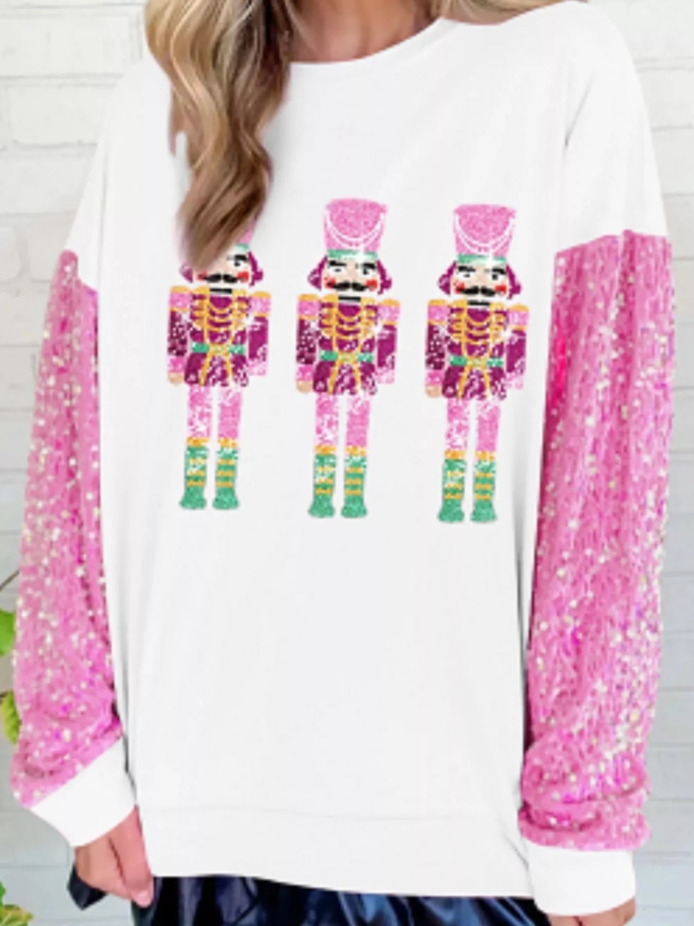 Trendsi Pink White / S Christmas Theme Sequin Long Sleeve Sweatshirt