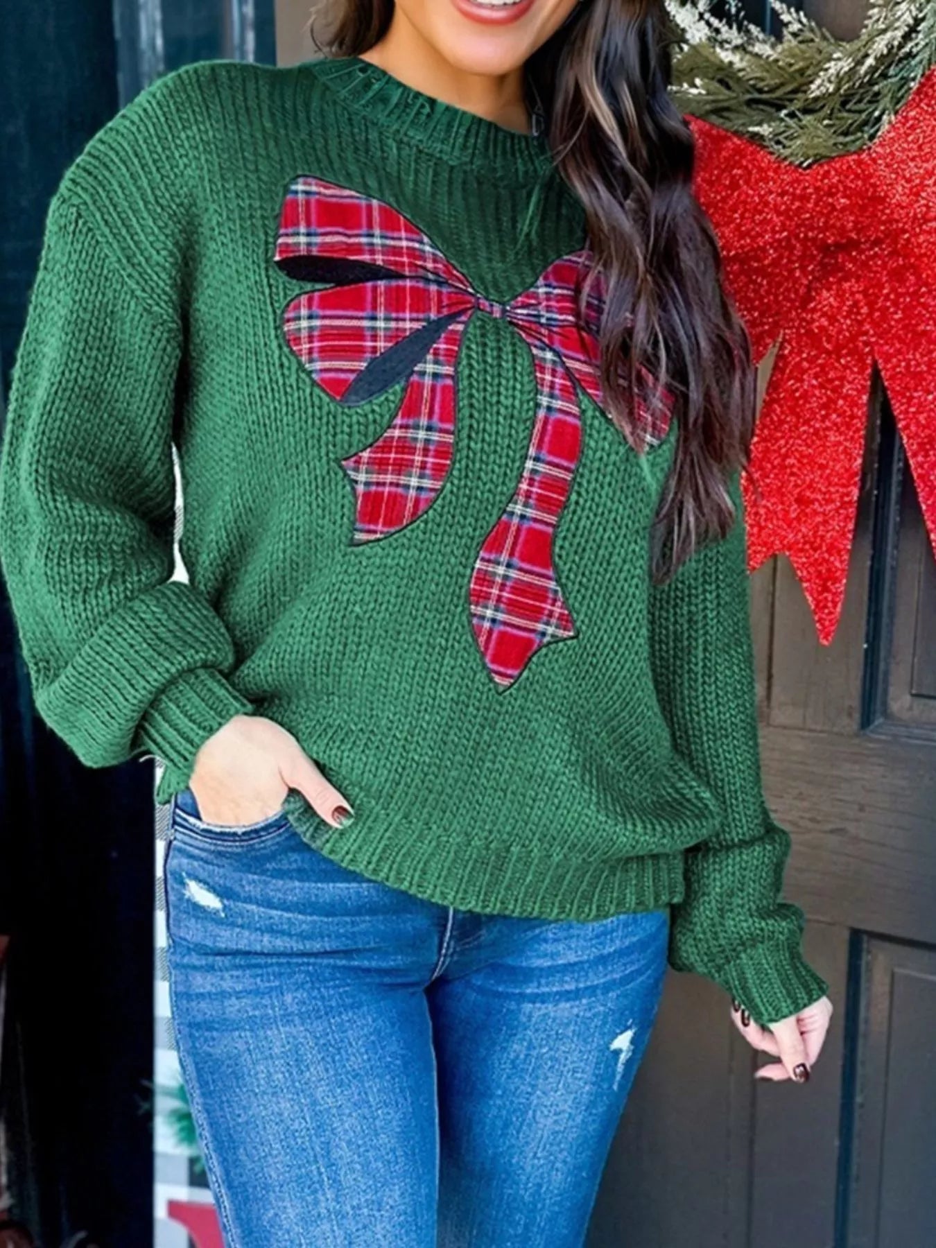 Trendsi Plaid Bow Graphic Christmas Sweater