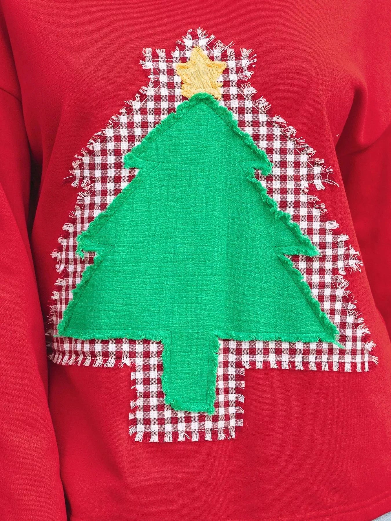Trendsi Plaid Frayed Double Christmas Tree Patched Drop Shoulder Sweatshirt