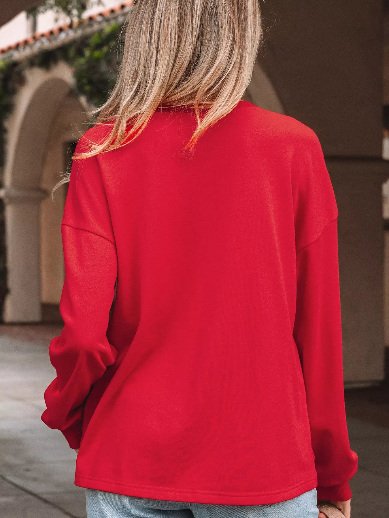 Trendsi Plaid Frayed Double Christmas Tree Patched Drop Shoulder Sweatshirt