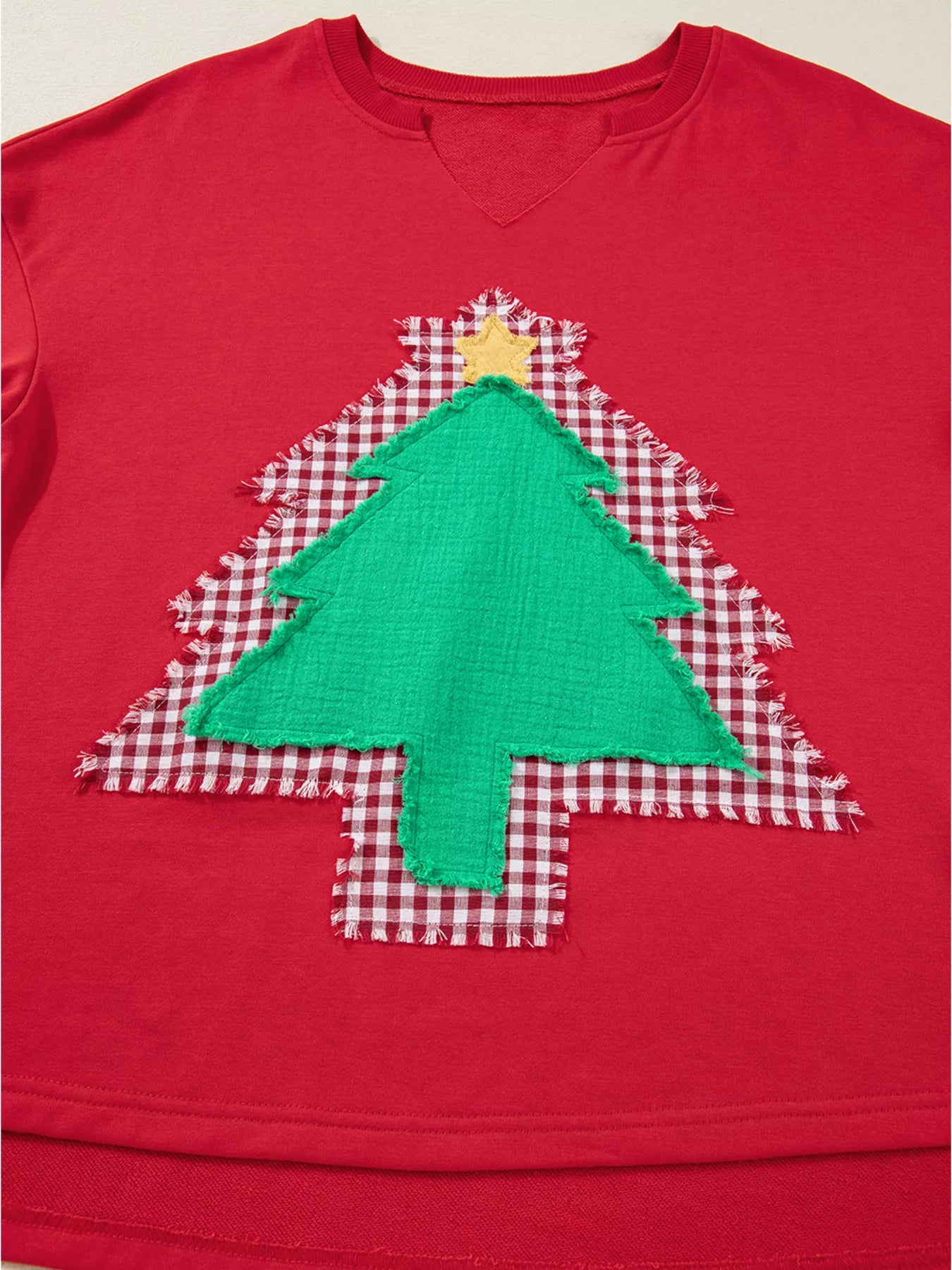 Trendsi Plaid Frayed Double Christmas Tree Patched Drop Shoulder Sweatshirt