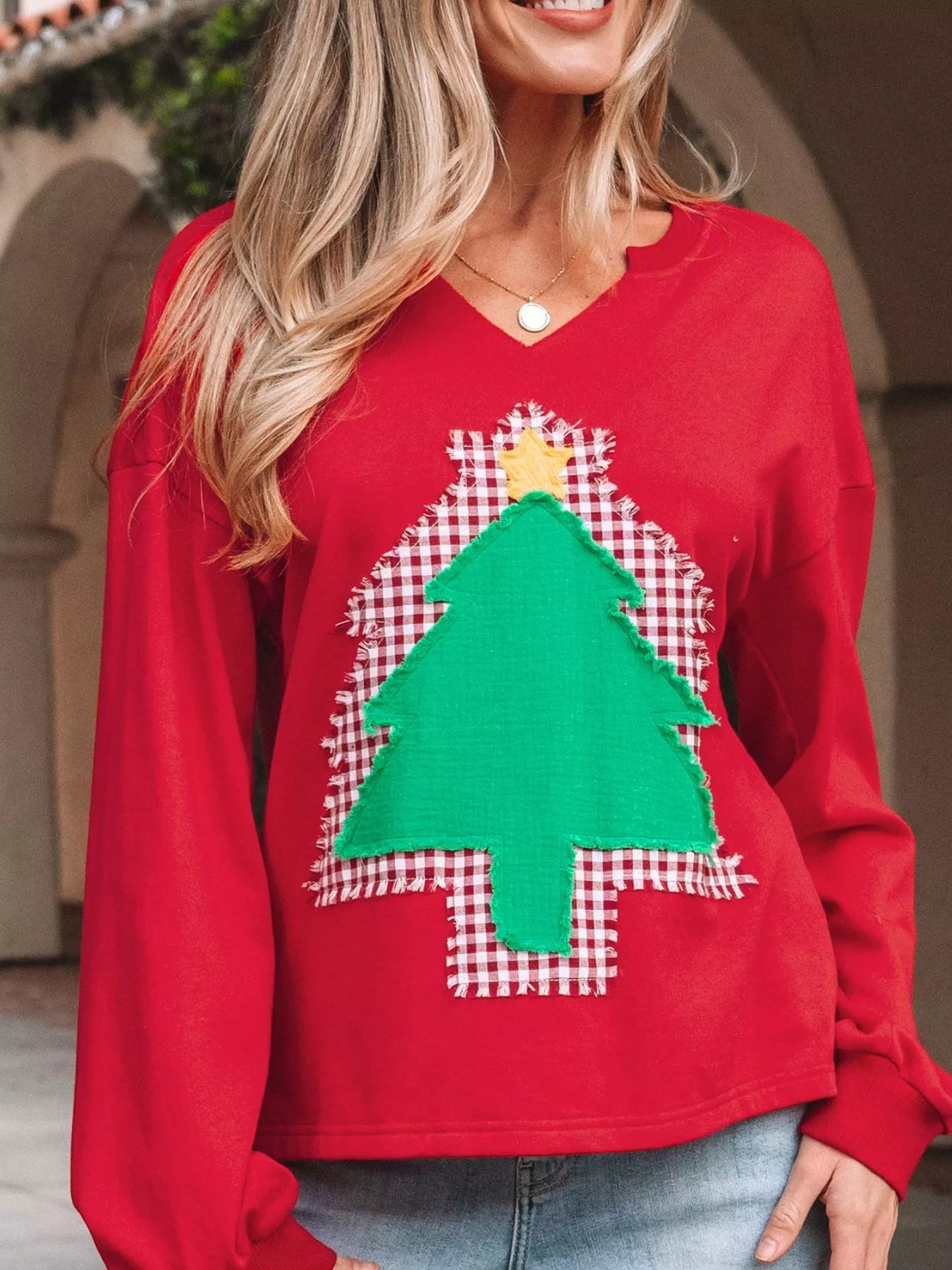Trendsi Plaid Frayed Double Christmas Tree Patched Drop Shoulder Sweatshirt