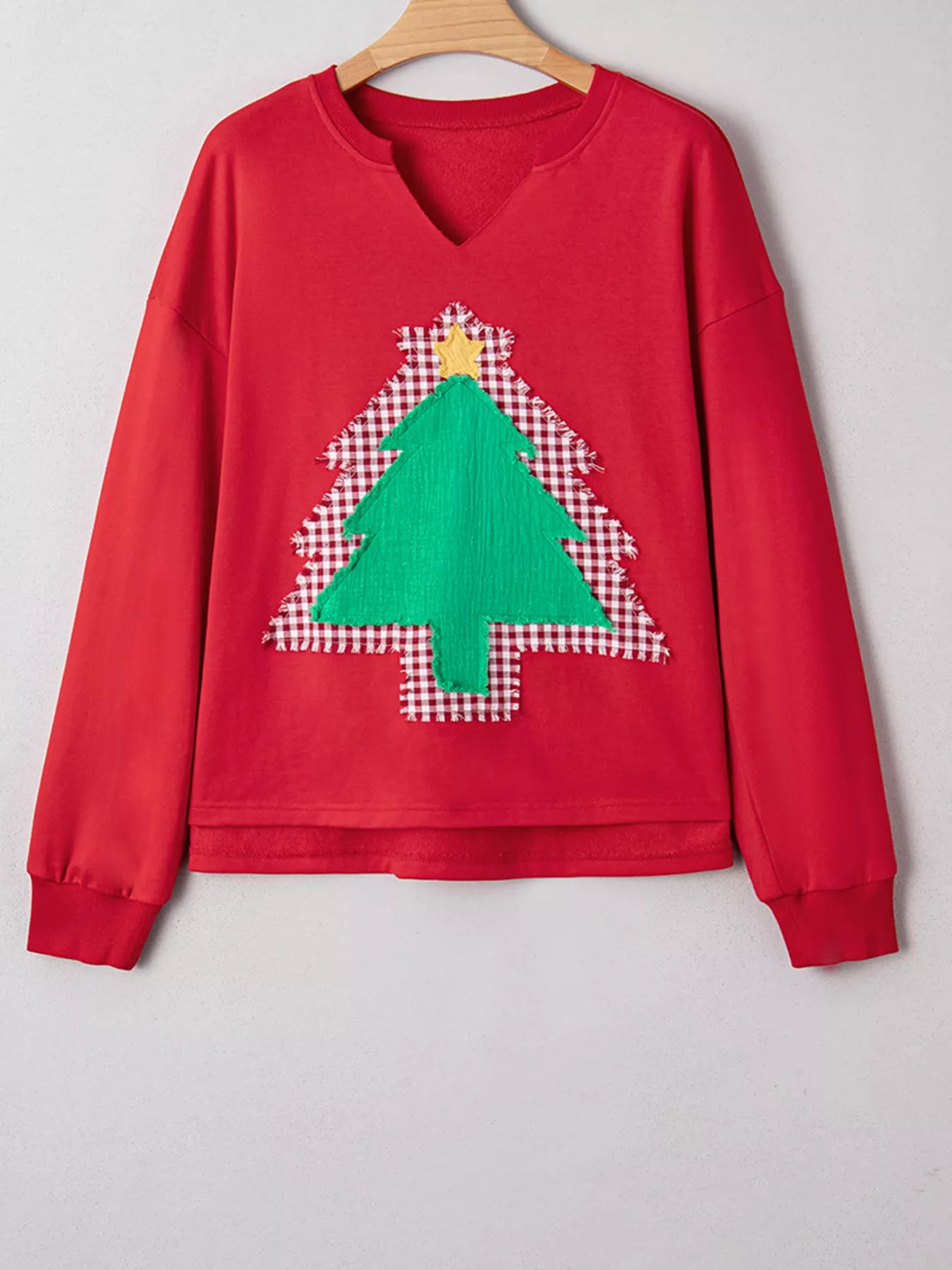 Trendsi Plaid Frayed Double Christmas Tree Patched Drop Shoulder Sweatshirt