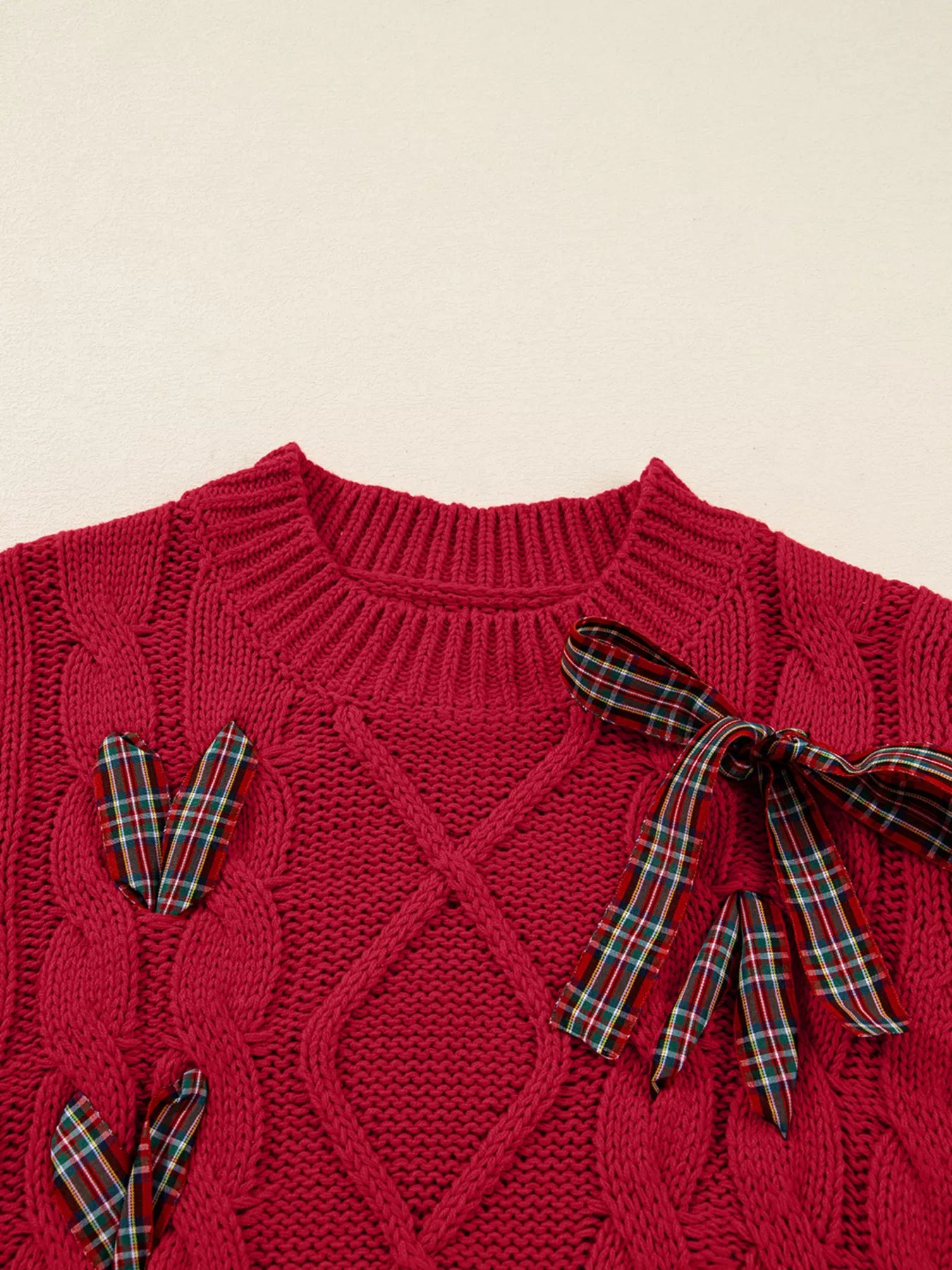 Trendsi Plaid Lace Up Detail Christmas Holiday Puff Short Sleeve Sweater