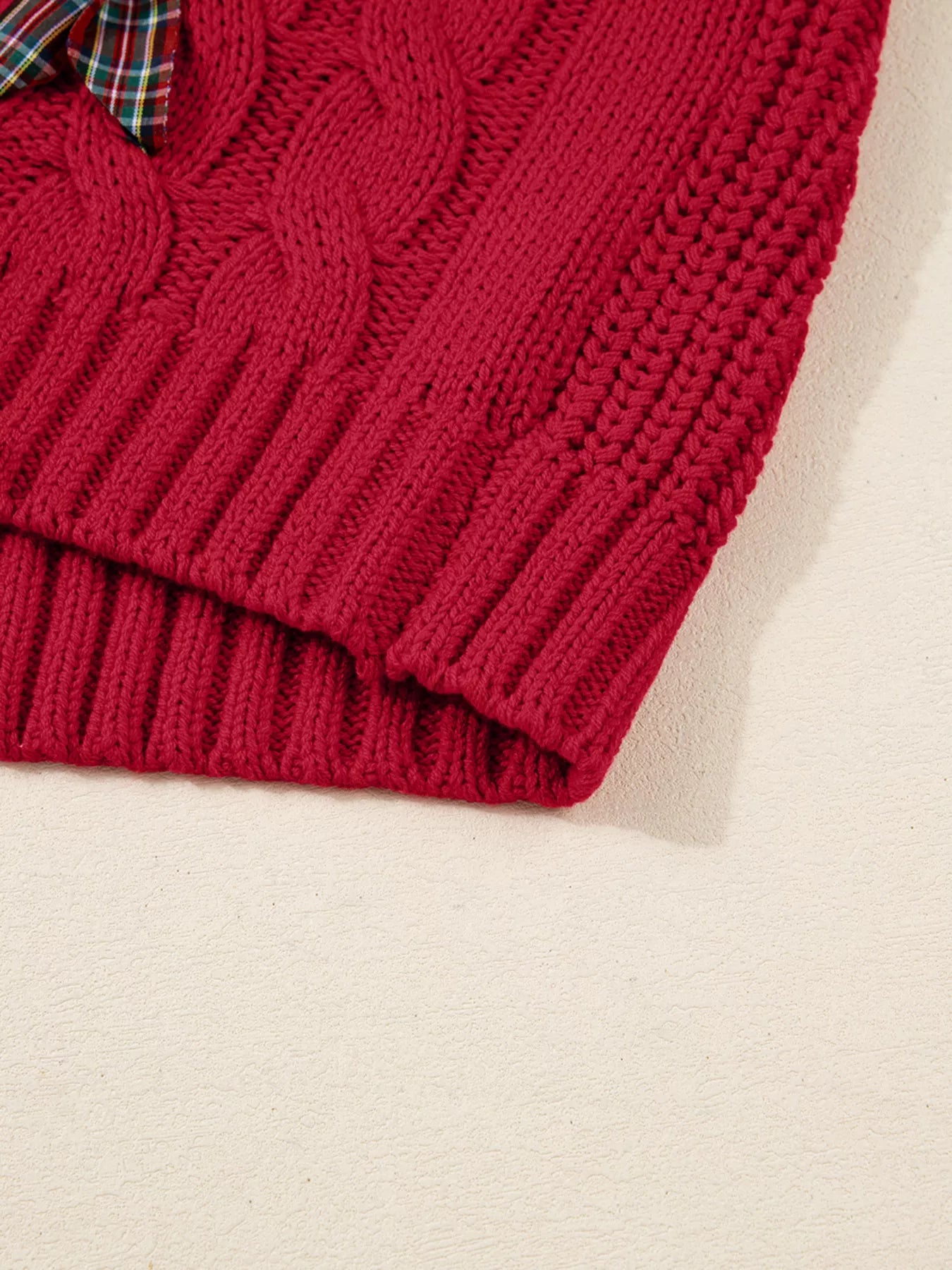 Trendsi Plaid Lace Up Detail Christmas Holiday Puff Short Sleeve Sweater