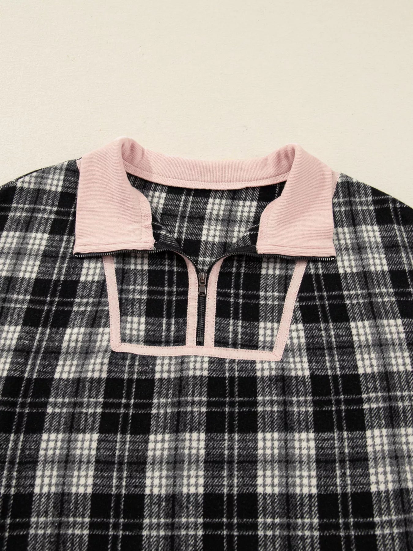 Trendsi Plaid Polo Collar Zip up Contrast Trim Shift Long Sleeve Mini Dress