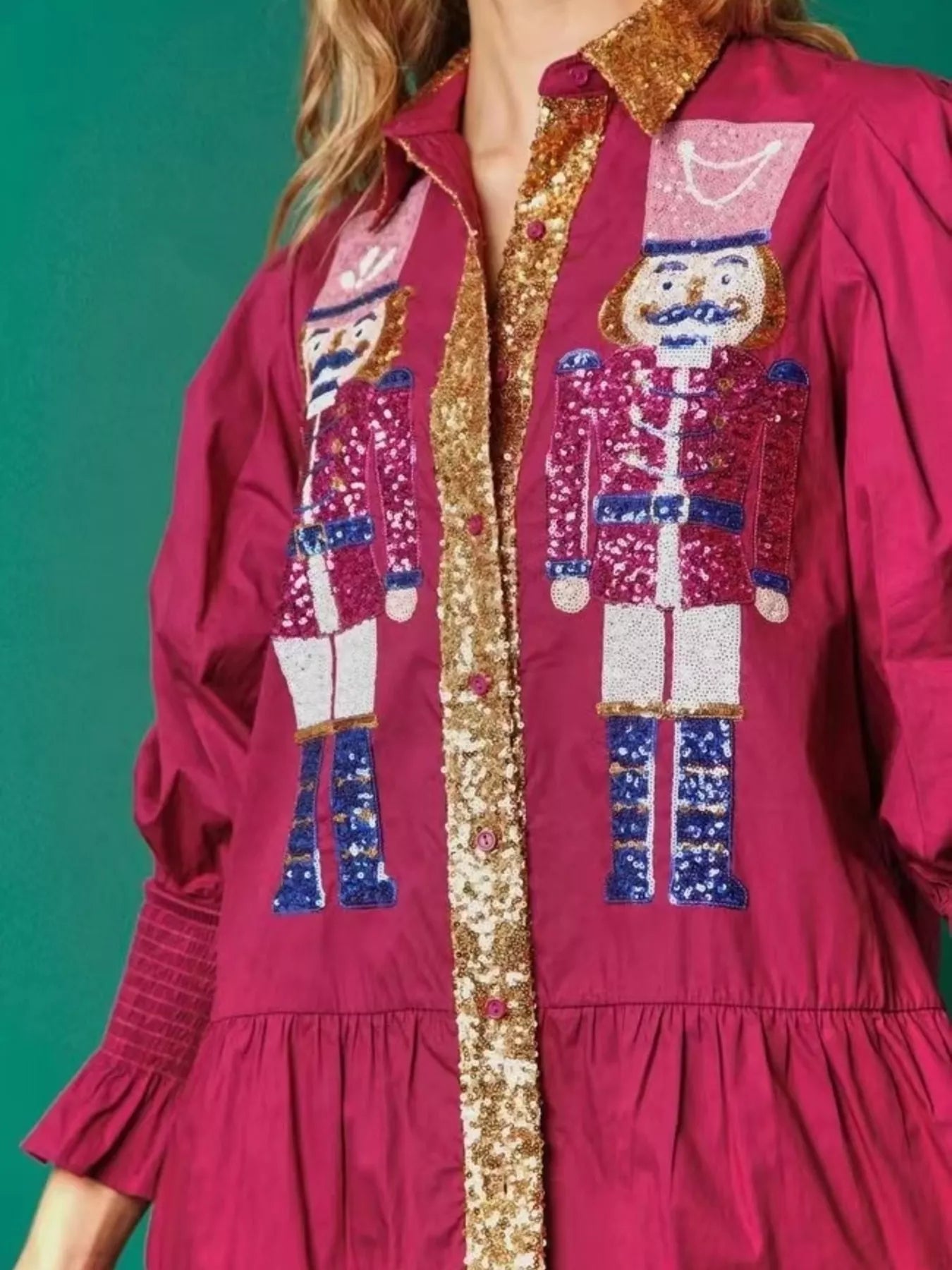 Trendsi Plum Purple / S Full Size Christmas Sequin Nutcracker Tiered Shirt Dress Plus Size