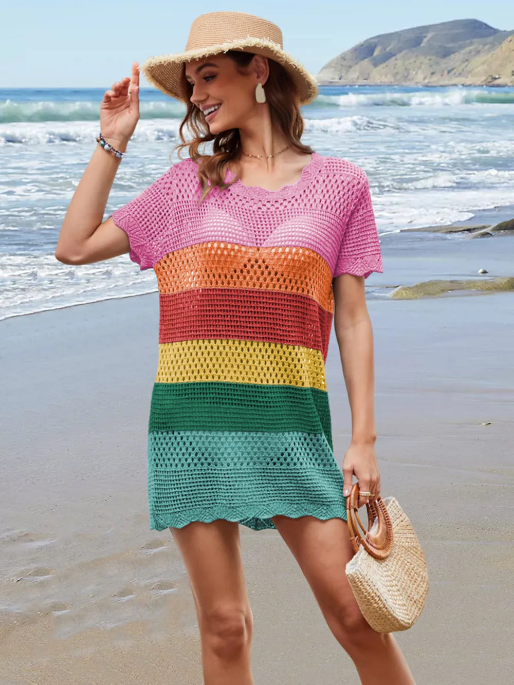 Trendsi Rainbow / S Openwork Round Neck Short Sleeve Cover-UP