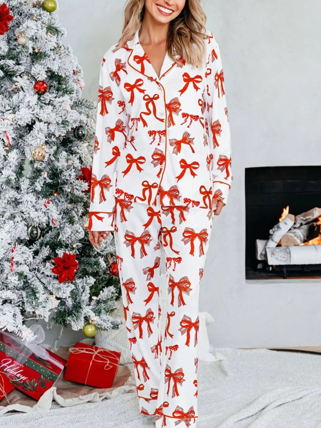 Trendsi Red / M Christmas Bow Print Top and Pants 2pcs Pajama Set