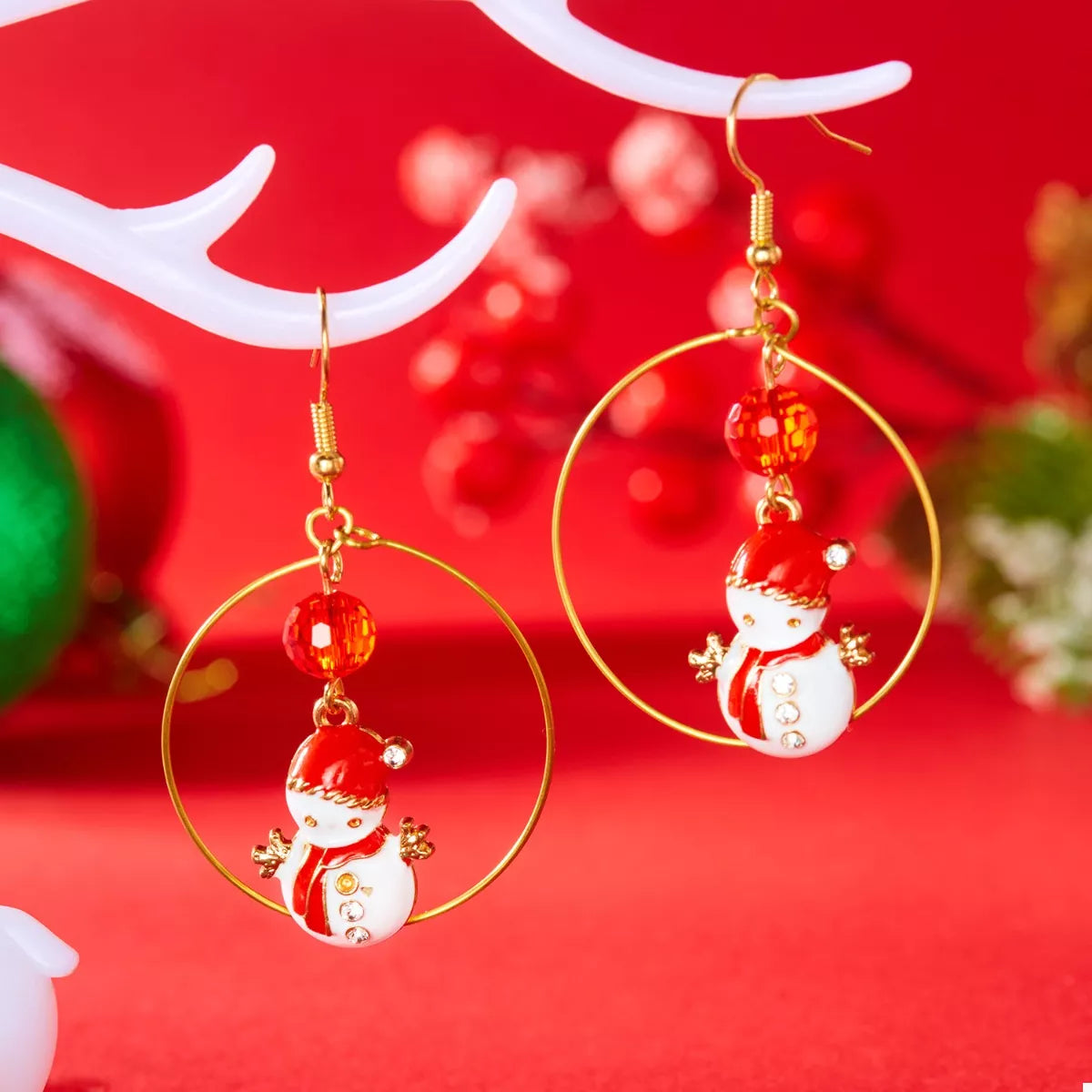 Trendsi Red / One Size 18K Gold-Plated Christmas Snowman Earrings