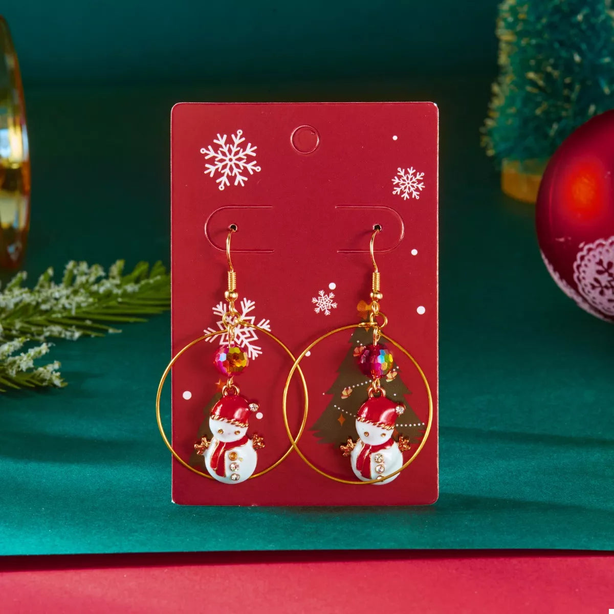 Trendsi Red / One Size 18K Gold-Plated Christmas Snowman Earrings