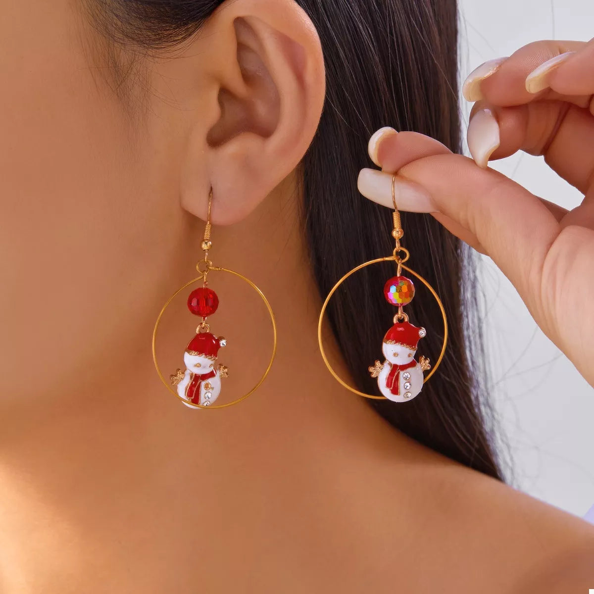 Trendsi Red / One Size 18K Gold-Plated Christmas Snowman Earrings