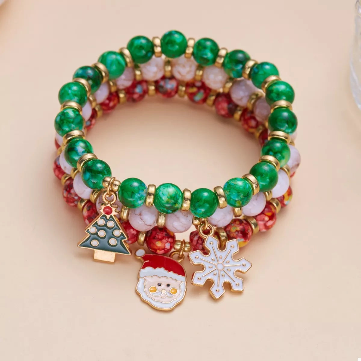 Trendsi Red / One Size 3 Piece Christmas Charm Beaded Bracelet