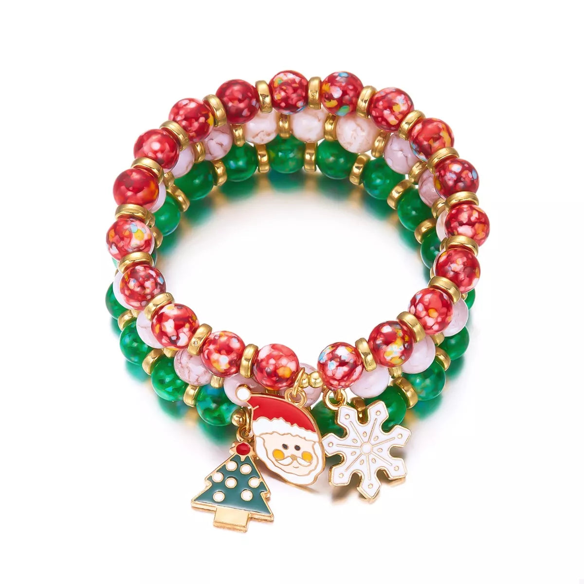 Trendsi Red / One Size 3 Piece Christmas Charm Beaded Bracelet