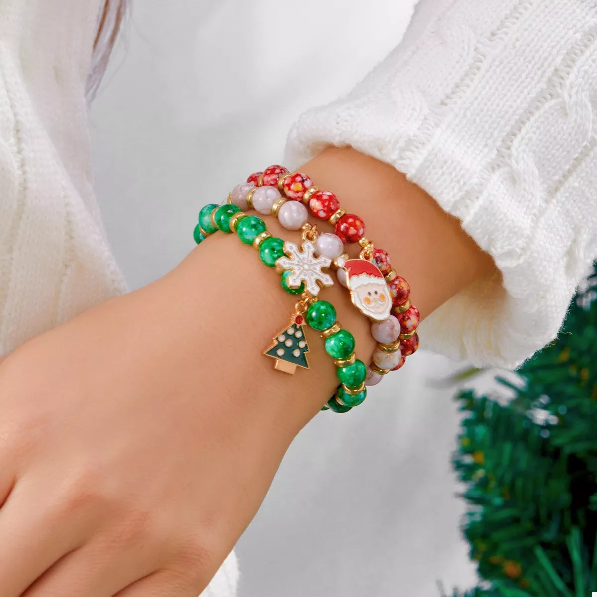 Trendsi Red / One Size 3 Piece Christmas Charm Beaded Bracelet